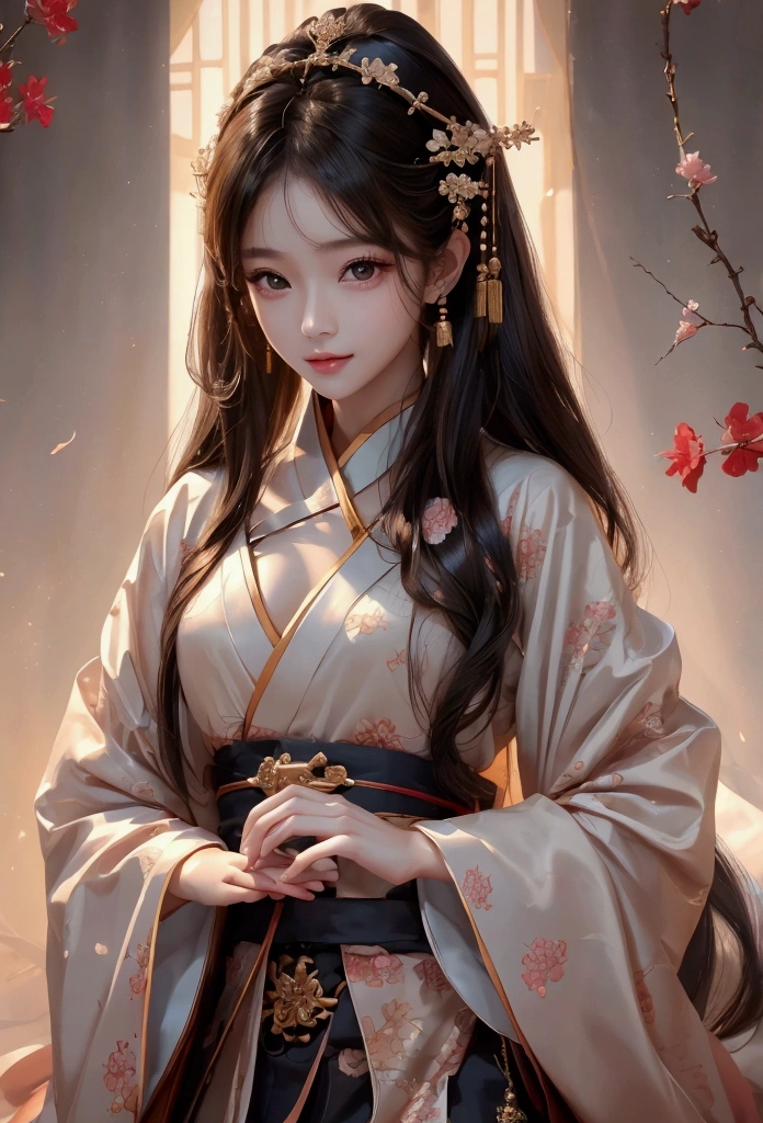Best image quality、8k、masterpiece:1.3))、Realistic high-quality photos、Highest quality、 Beautiful face、Photos of slim models、Beautiful girl model、Young and pretty face、Beautiful model girl、A lovely and delicate face、Black Hair、Beautiful brown eyes、Young Body、Hanfu, (emphasize)、from the front、Camera gaze,、Anatomically correct、胸の谷間をemphasize、whole body、13-year-old female model、smile、Japanese women