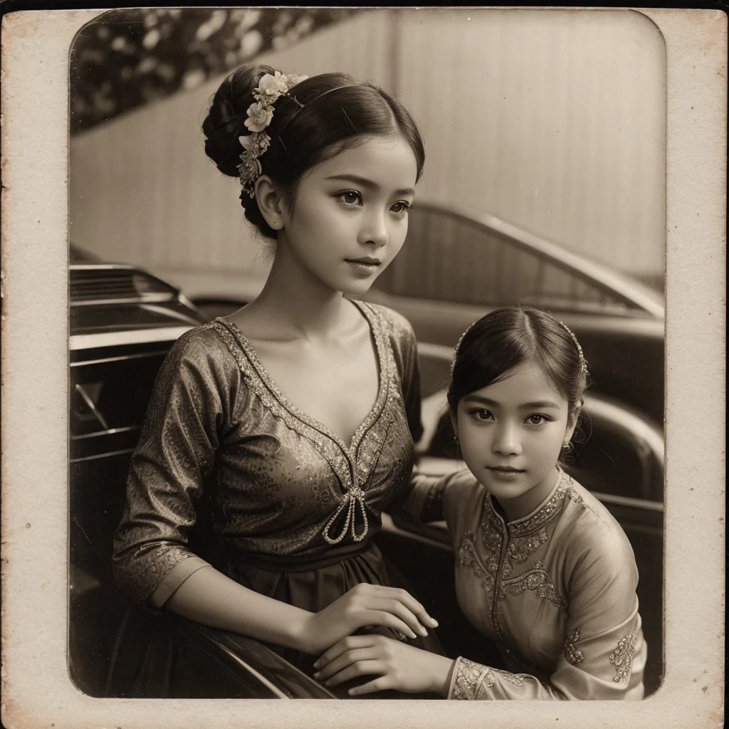 Arafed photo of a young Indonesian girl wearing a kebaya inspired by RA Kartini, kebaya photo, old sepia photography, beautiful young girl, vintage photography, kebaya photo. graceful and charming pose next to a limousine. number plate with text 'Aryy Dewix' antique photo of beautiful young girl cute young girl 18 years young young retro photo black and white 1910, vintage photography, antique photo, old photography, hair in a bun or bun, cute face,