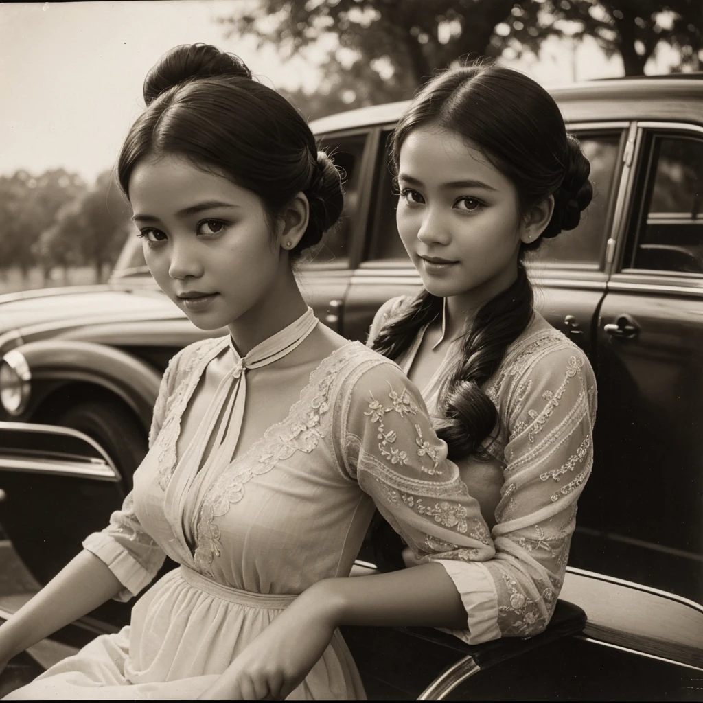Arafed photo of a young Indonesian girl wearing a kebaya inspired by RA Kartini, kebaya photo, old sepia photography, beautiful young girl, vintage photography, kebaya photo. graceful and charming pose next to a limousine. number plate with text 'Aryy Dewix' antique photo of beautiful young girl cute young girl 18 years young young retro photo black and white 1910, vintage photography, antique photo, old photography, hair in a bun or bun, cute face,