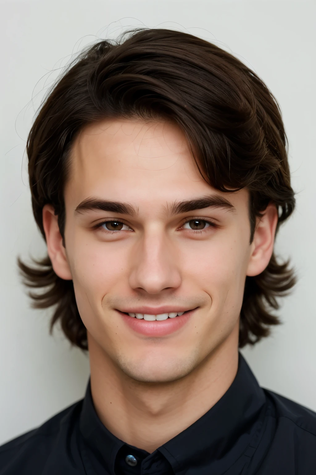 fine face of young caucasian guy with very very dark brown hair very fair skin without glasses, with dark gray eyes and straight long thin nose and elongated face with smile on his lips and no beard no mustache