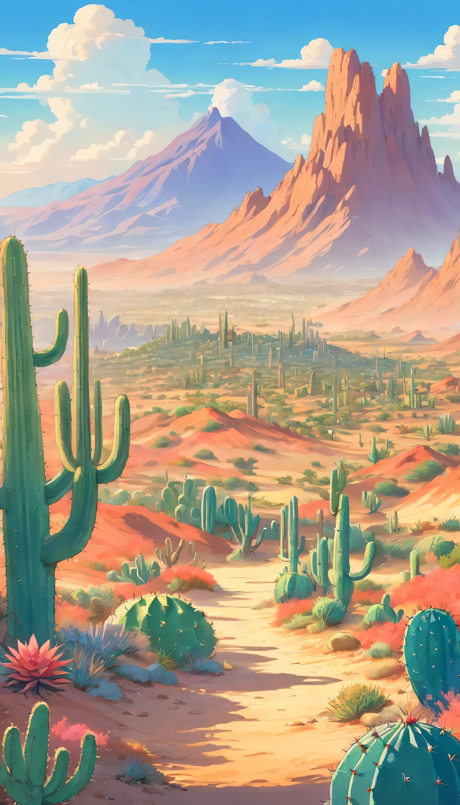 Desert land with cactus and mountains