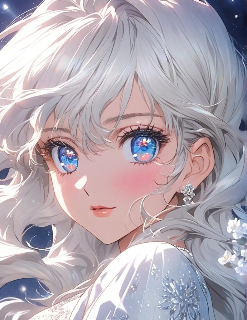 90s anime style, sharp and detailed, anime woman with long hair, very blue eyes, wearing a white dress, white hair, Marin Kitagawa fanart, Yumeko Jabami fanart, long hair with shine and movement, femininity, waifu in a nice dress, modest, beautiful white flowers, night, close up, sharp detail, shiny eyes with sharp eyelashes, close up, mysterious