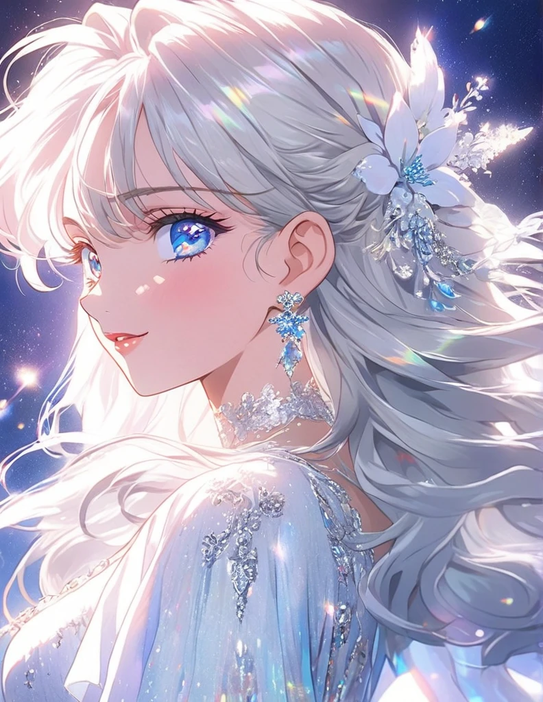 90s anime style, sharp and detailed, anime woman with long hair, very blue eyes, wearing a white dress, white hair, Marin Kitagawa fanart, Yumeko Jabami fanart, long hair with shine and movement, femininity, waifu in a nice dress, modest, beautiful white flowers, night, close up, sharp detail, shiny eyes with sharp eyelashes, close up, mysterious 