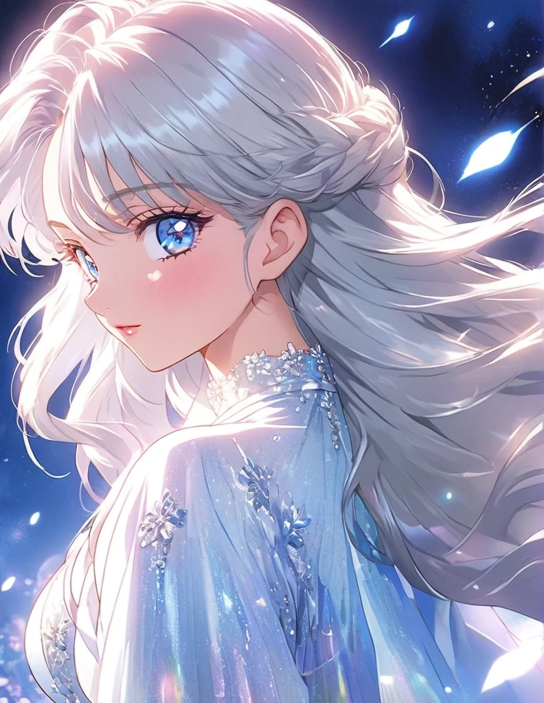 90s anime style, sharp and detailed, anime woman with long hair, very blue eyes, wearing a white dress, white hair, Marin Kitagawa fanart, Yumeko Jabami fanart, long hair with shine and movement, femininity, waifu in a nice dress, modest, beautiful white flowers, night, close up, sharp detail, shiny eyes with sharp eyelashes, close up, mysterious