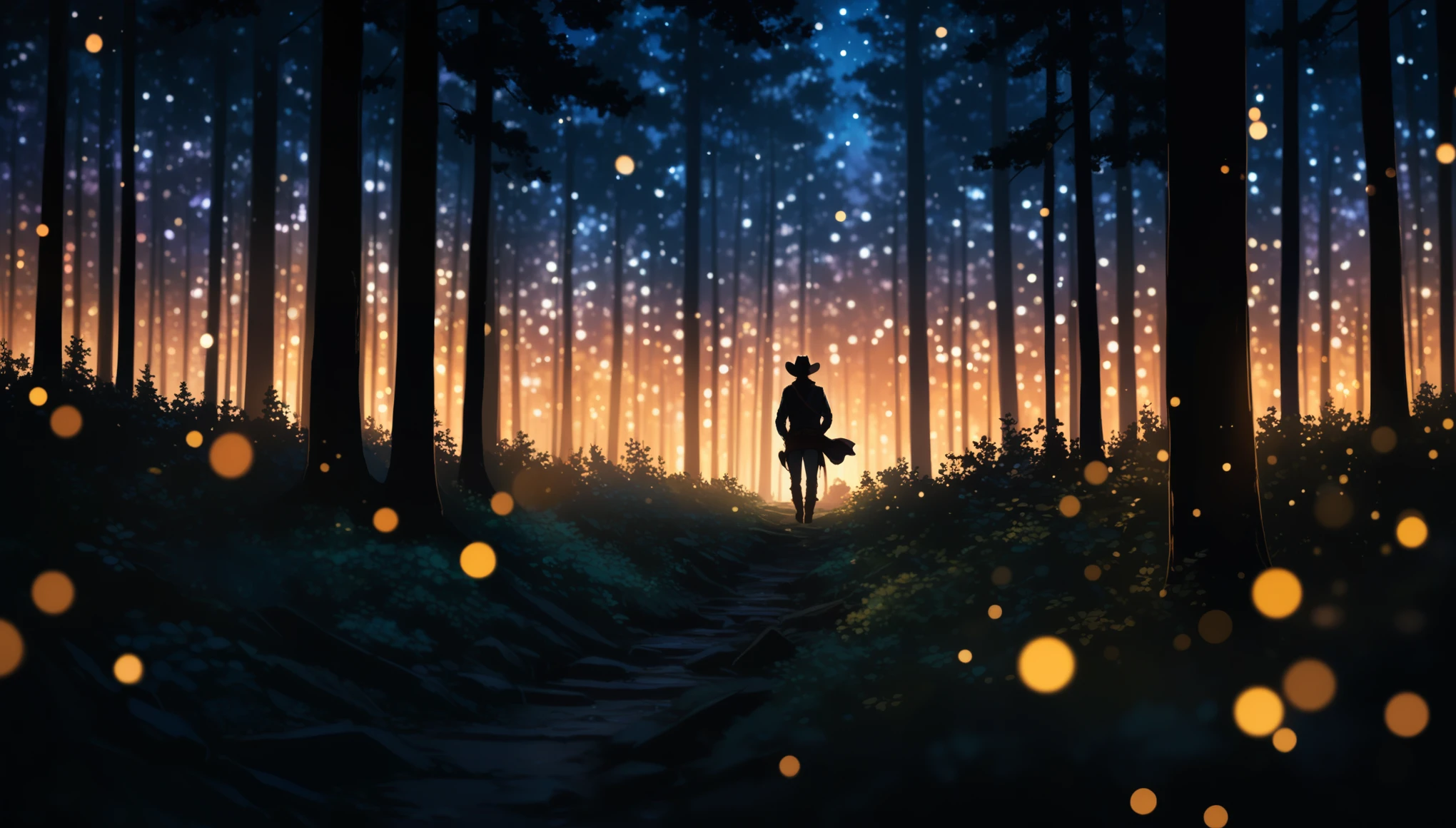 8K, RAW, best quality, masterpiece, ultra high res, colorful, (medium wide shot), (dynamic perspective), sharp focus , (depth of field, bokeh:1.3),
forest background, dark forest, night time, deep night, forest tree focus, (cowboy shot:1.5)