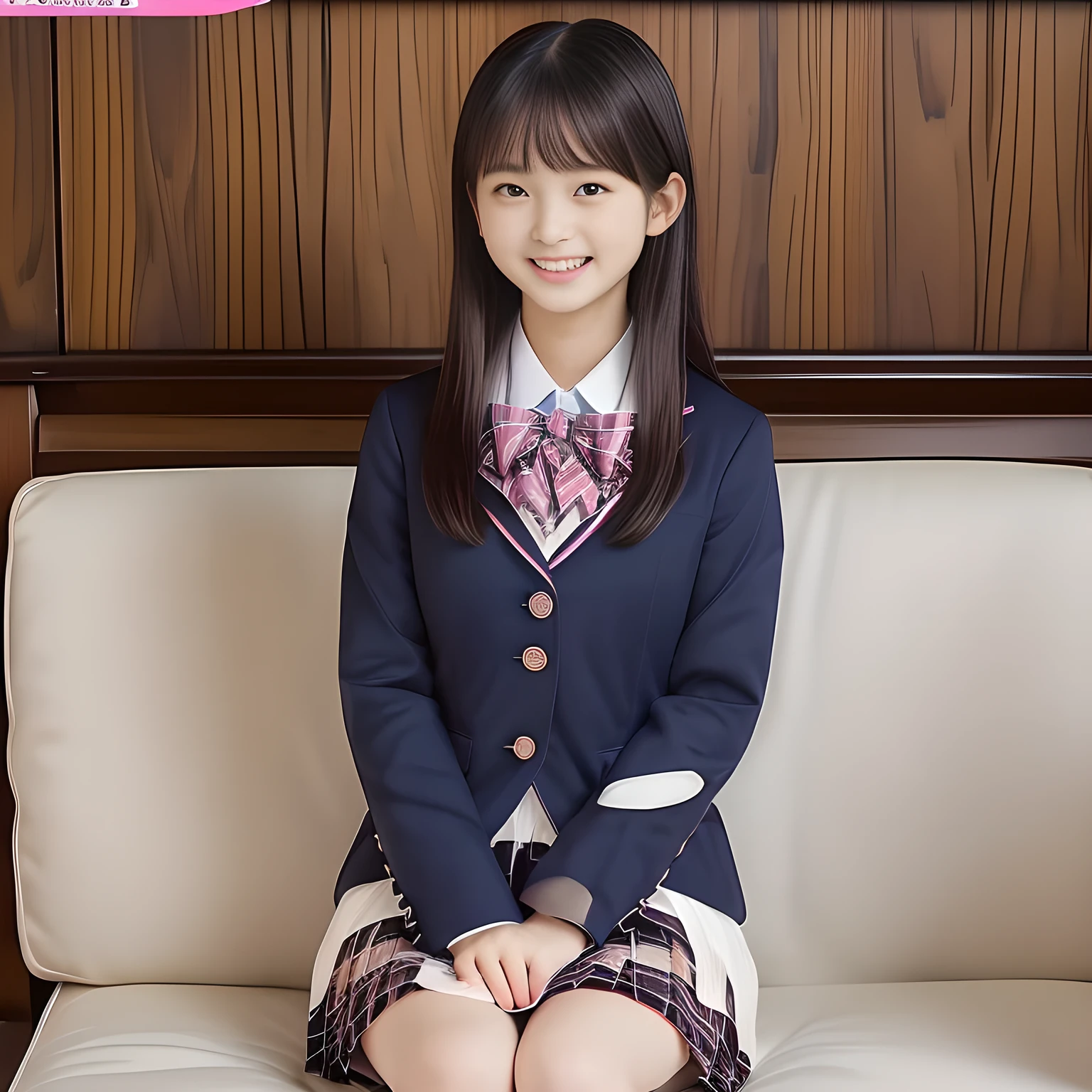 (Highest quality, masterpiece:1.2), Highest quality, High resolution, 1080P, 8k, (Paintings by Vigée Leblanc: 1.5), (A noble, graceful and intelligent 14yo Japanese young long hair magazine fashion model who have a best proportion are seated smiling at me with religious extreme beatitude, expressing her happiness to me with her religious love supreme: 1.5), (background is complete plain pink with white heart marks: 1.6), (double-eyelids, brown wet large eyes with detailed beautifully: 1.4), (long cute eyelashes: 1.4), ((thin droopy eyebrows: 1.4)), (giggling and calling me to invite me to her extreme happiness opening her mouth: 1.6), (showing the tongue: 1.6), (laughing shy cheeks and lips, as if watching a comedy: 1.5), ((Very super long wavy hair is too much beautiful: 1.0)), (Navy gorgeous Japanese school blazer with noble golden emblem: 1.2), (Gorgeous dark blue tartan check blue pattern pleated skirt with beautiful white fat calves and knees: 1.4), (Gorgeous plain red gloss chest ribbon: 1.0), (Well-shaped ample fat breasts), (Tilting her head shyly), (Too beautiful women to stop falling into her, makes me crazy: 1.6), (She is in fact succubi and calling me with strong religious temptation, drops me into craziness: 1.2), showing her palm to invite me