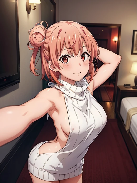 ((masutepiece, Best Quality, hight resolution, nffsw, Perfect Pixel, depth of fields, 4K, )), 1girl in, Solo, , Beautiful anime girl, Beautiful Art Style,
very low view angle:1.3, hotel room background, standing,
Perfect body, smile, looking back,
Yuigahama Yui, Hair bun, short hair, large breasts, selfie:1.5,
Full face blush, ,Virgin killer sweater, sleeveless turtleneck, white sweater dress, red face,
straight-on:1.3, medium shot