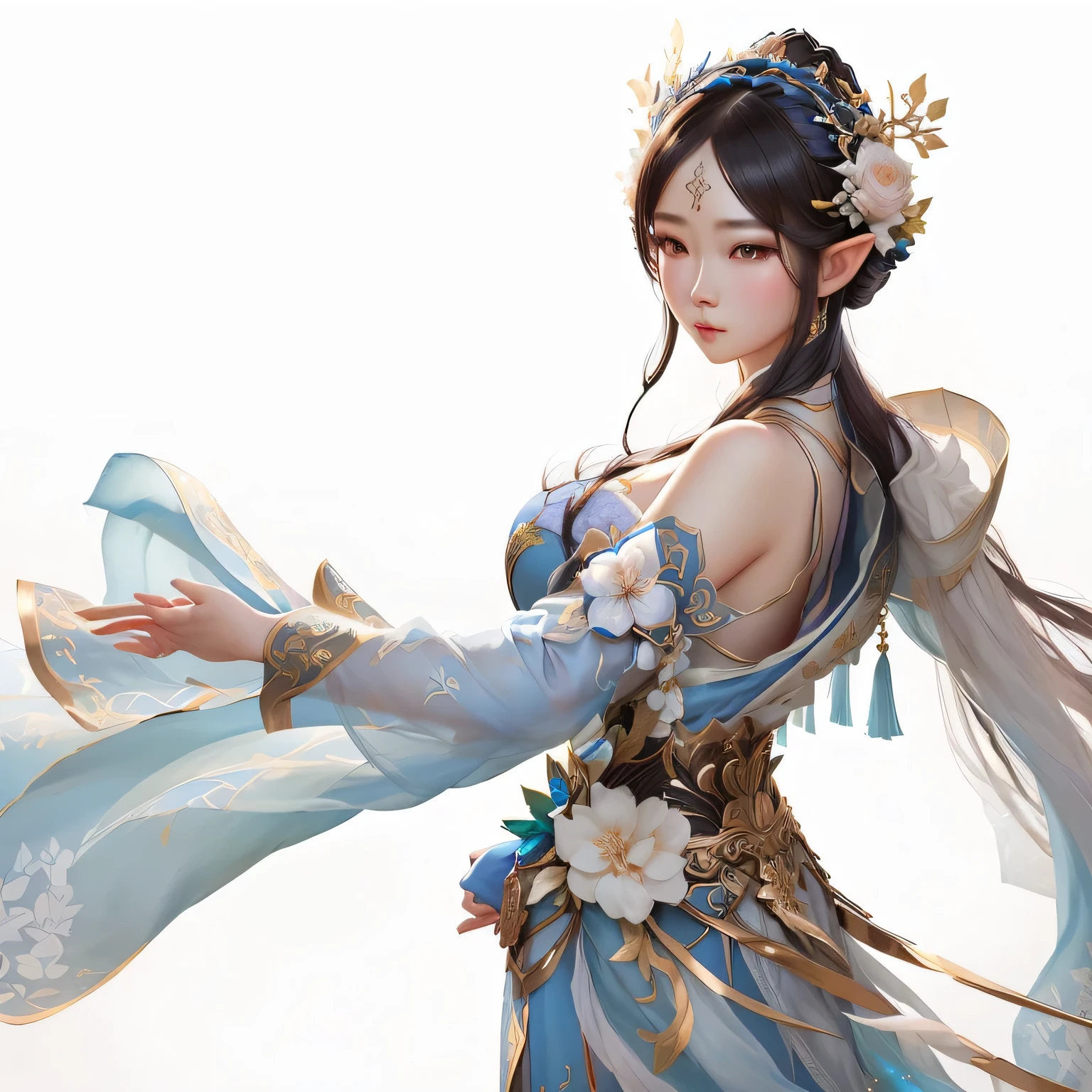 There is a girl wearing a blue dress、Lady with floral headdress, Beautiful fantasy queen, palace ， Girl wearing Hanfu, Popular on cgstation, Inspired by Lan Ying, author：Yang J, Beautiful character painting, Gu Weiss, Beautiful and elegant elf queen, Full body fairy, Chinese Fantasy, Ruan Jia and Artgerm