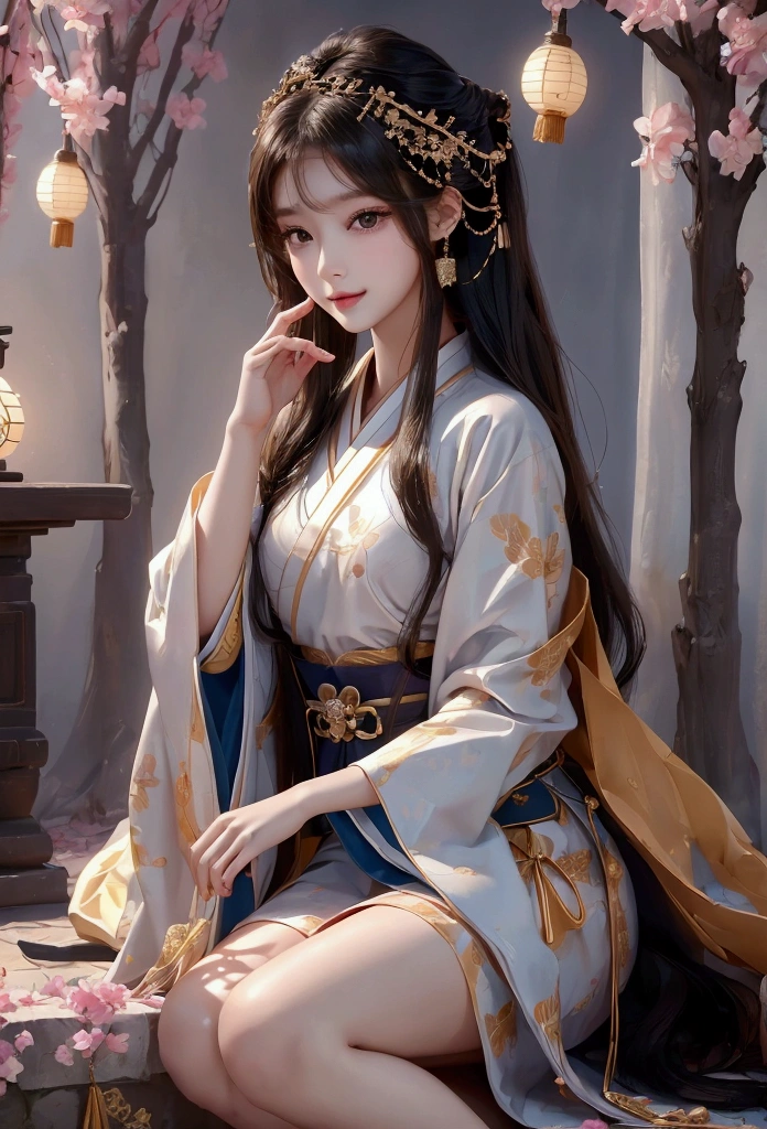 Best image quality、8k、masterpiece：1.3))、Realistic high-quality photos、Highest quality、 Beautiful face、Photos of slim models、Beautiful girl model、Young and pretty face、Beautiful model girl、A lovely and delicate face、Black Hair、Beautiful brown eyes、Young Body、Hanfu, (emphasize)、from the front、Camera gaze,、Anatomically correct、胸の谷間をemphasize、whole body、13-year-old female model、smile、Japanese women
