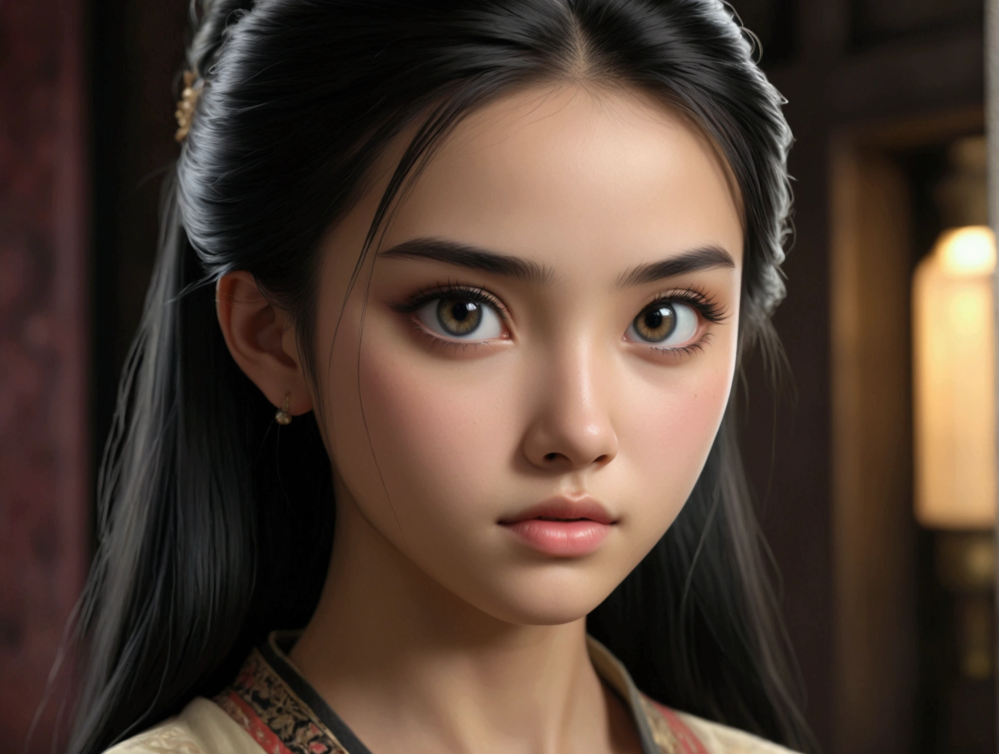 a 14 year old  girl, beautiful, long black hair, slim, hair tied up, standing in front of a small, dark room, detailed face, beautiful detailed eyes, beautiful detailed lips, extremely detailed eyes and face, long eyelashes, high quality, 4k, 8k, highres, masterpiece:1.2, ultra-detailed, realistic, photorealistic, photo-realistic:1.37, portrait, mặc áo sơ mi mỏng, quần ngắn, không mặc đồ lót