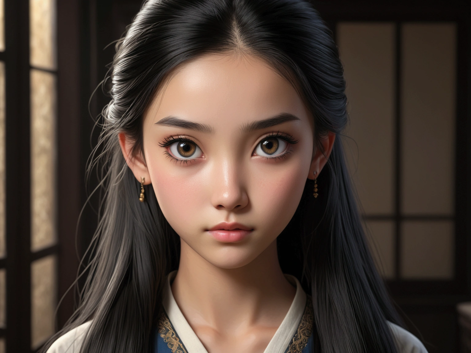 a 14 year old girl, beautiful, long black hair, slim, hair tied up, standing in front of a small, dark room, detailed face, beautiful detailed eyes, beautiful detailed lips, extremely detailed eyes and face, long eyelashes, high quality, 4k, 8k, highres, masterpiece:1.2, ultra-detailed, realistic, photorealistic, photo-realistic:1.37, portrait, mặc áo sơ mi mỏng, quần ngắn, không mặc đồ lót