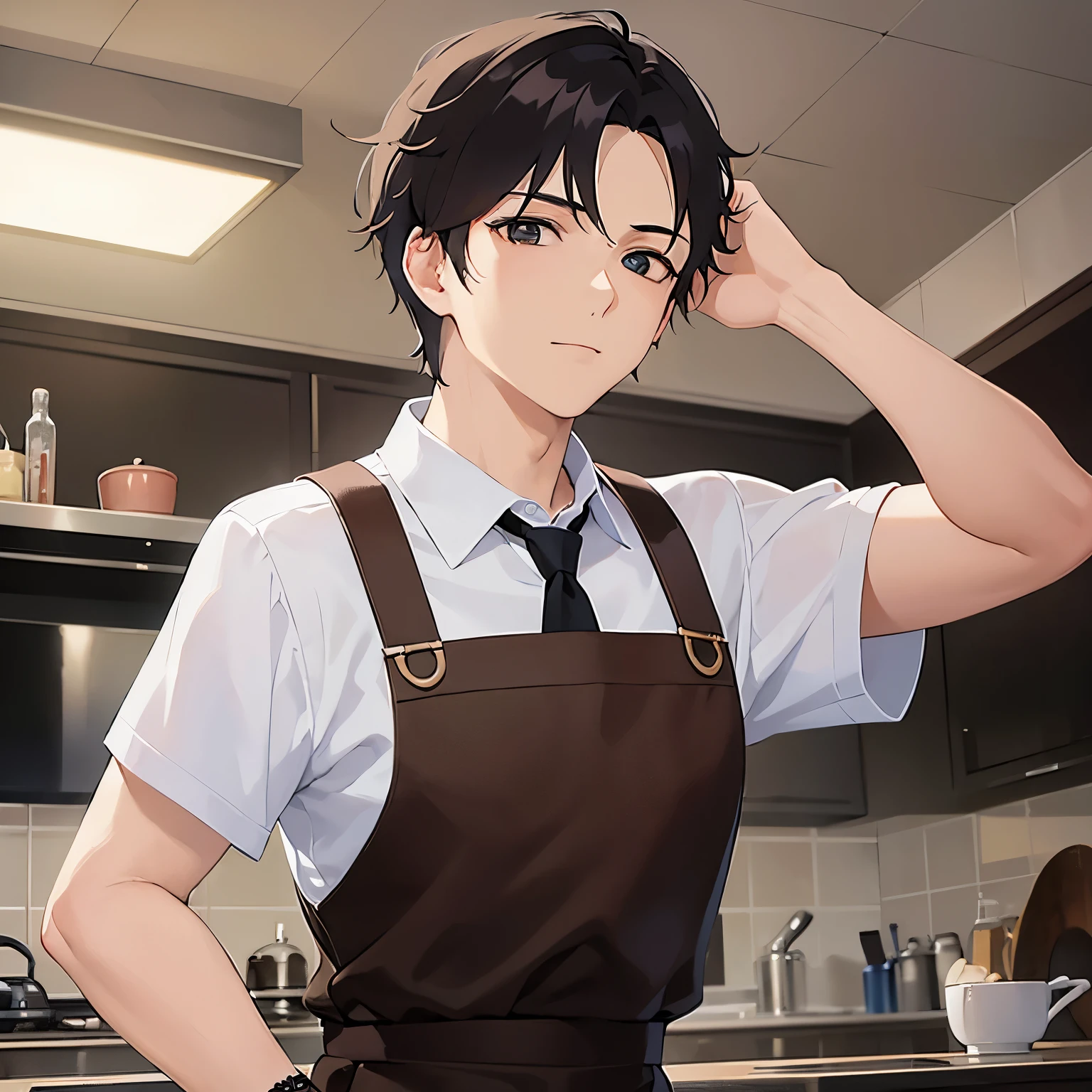 BREAK (25-year-old male:1.5) and (Mahogany brown short hair) and (Green Eyes)
BREAK (white collared shirt) 、apron、(looking away:1.5),upper body、Side shot、
masterpiece、Highest quality、
sautéing、Are standing、The background is the kitchen at night、(Night Sky:1.5)alone、Upper body is shown、