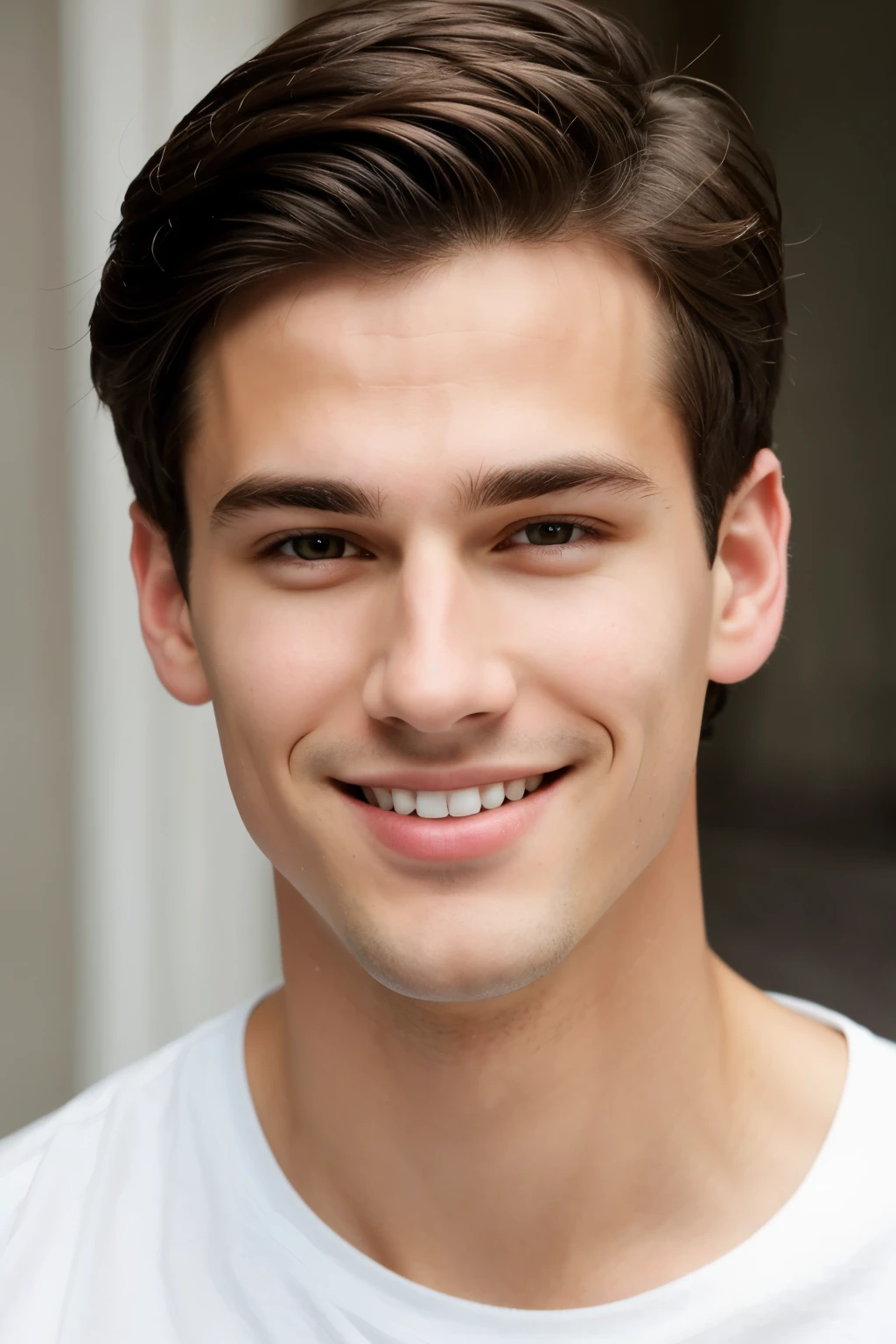 fine face of young caucasian guy with short very very dark brown hair and very fair skin without glasses, with dark gray eyes and straight long thin nose and elongated face with smile on his lips and no beard no mustache