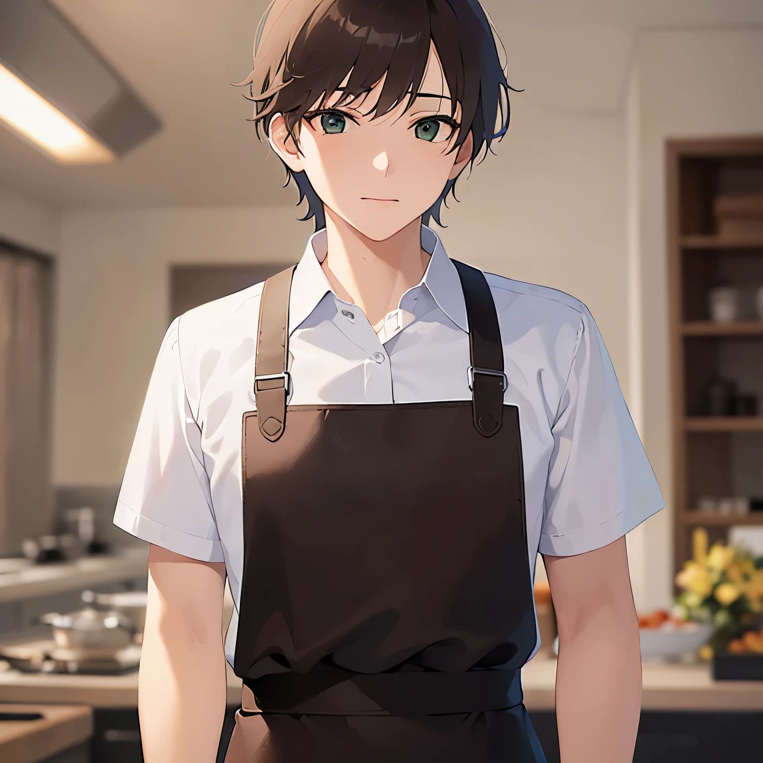 BREAK (25-year-old male:1.5) and (Mahogany brown short hair) and (Green Eyes)
 BREAK (white collared shirt) 、apron、（looking away:1.5）,upper body、Side shot、
masterpiece、Highest quality、
sautéing、Are standing、The background is the kitchen at night、（Night Sky：1.5）alone、Upper body is shown、