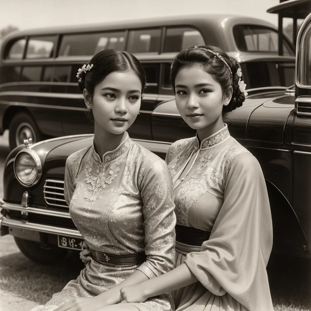 Arafed photo of a 23 years Indonesian girl wearing a kebaya inspired by RA Kartini, kebaya photo, old sepia photography, beautiful young girl, vintage photography, kebaya photo. graceful and charming pose next to a limousine. number plate with text 'Aryy Dewix' antique photo of beautiful young girl cute young girl 18 years young young retro photo black and white 1910, vintage photography, antique photo, old photography, hair in a bun or bun, cute face,