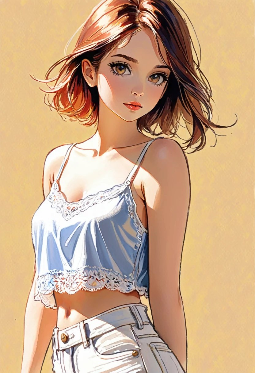  woman，Short camisole vest，White，Art，，Colored pencil sketch，sketch 