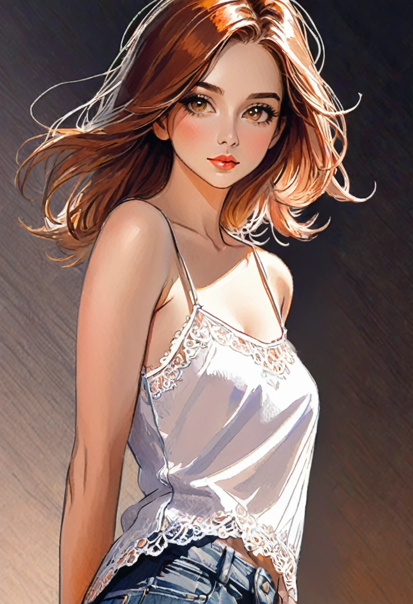 woman,Short camisole vest,White,Art,,Colored pencil sketch,sketch