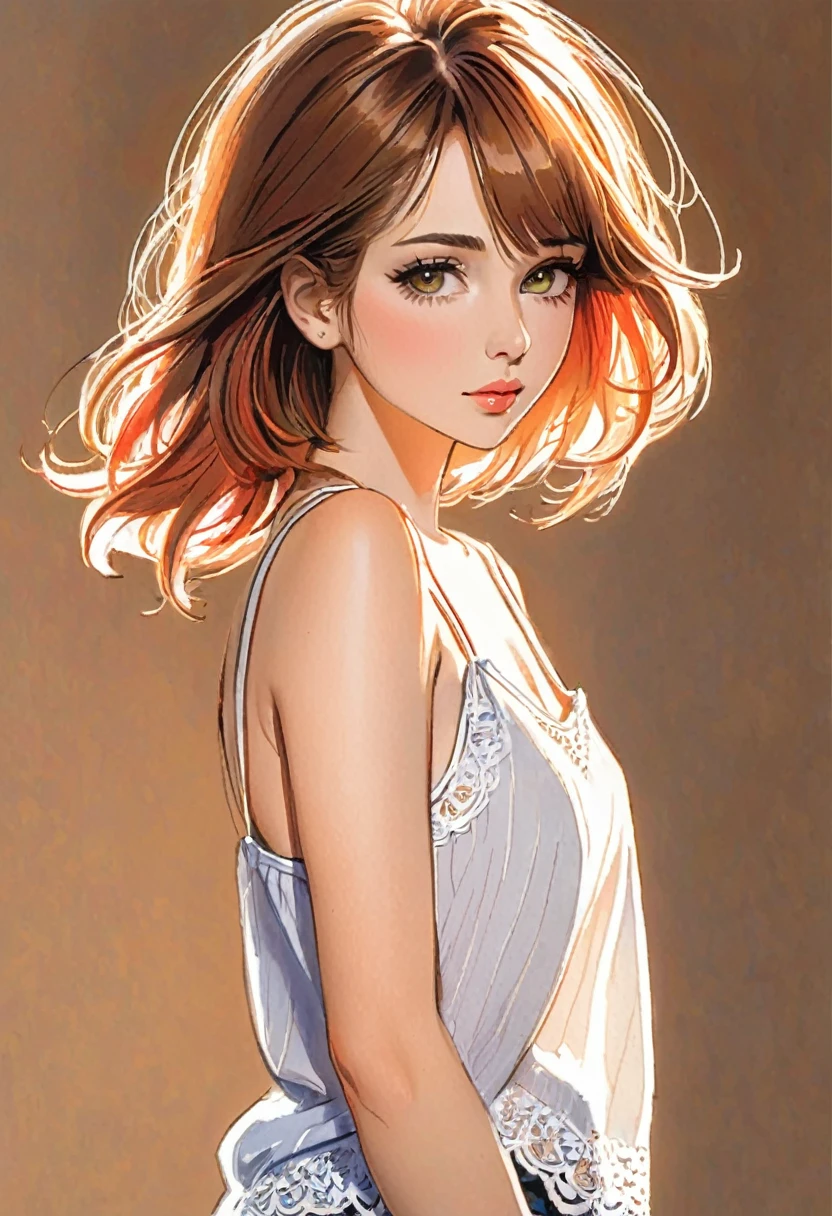 woman,Short camisole vest,White,Art,,Colored pencil sketch,sketch