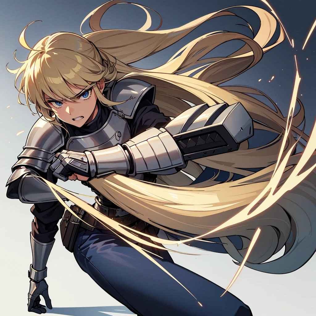 (Solo)、(Full body character concept)、Highest quality, Best Quality, Best illustrations, (((Grey Armor)))、(((Blond long hair man、Long-haired man、male、24-years-old、Cool guy)))、(Medieval Knight)、(Navy blue trousers)、(get annoyed、Clench your teeth)、(Living in the desert)、(White background)、Run、(front)、(Grab the sword)、(attack、Same angle、Deathblow、sparks)、Fighting stance