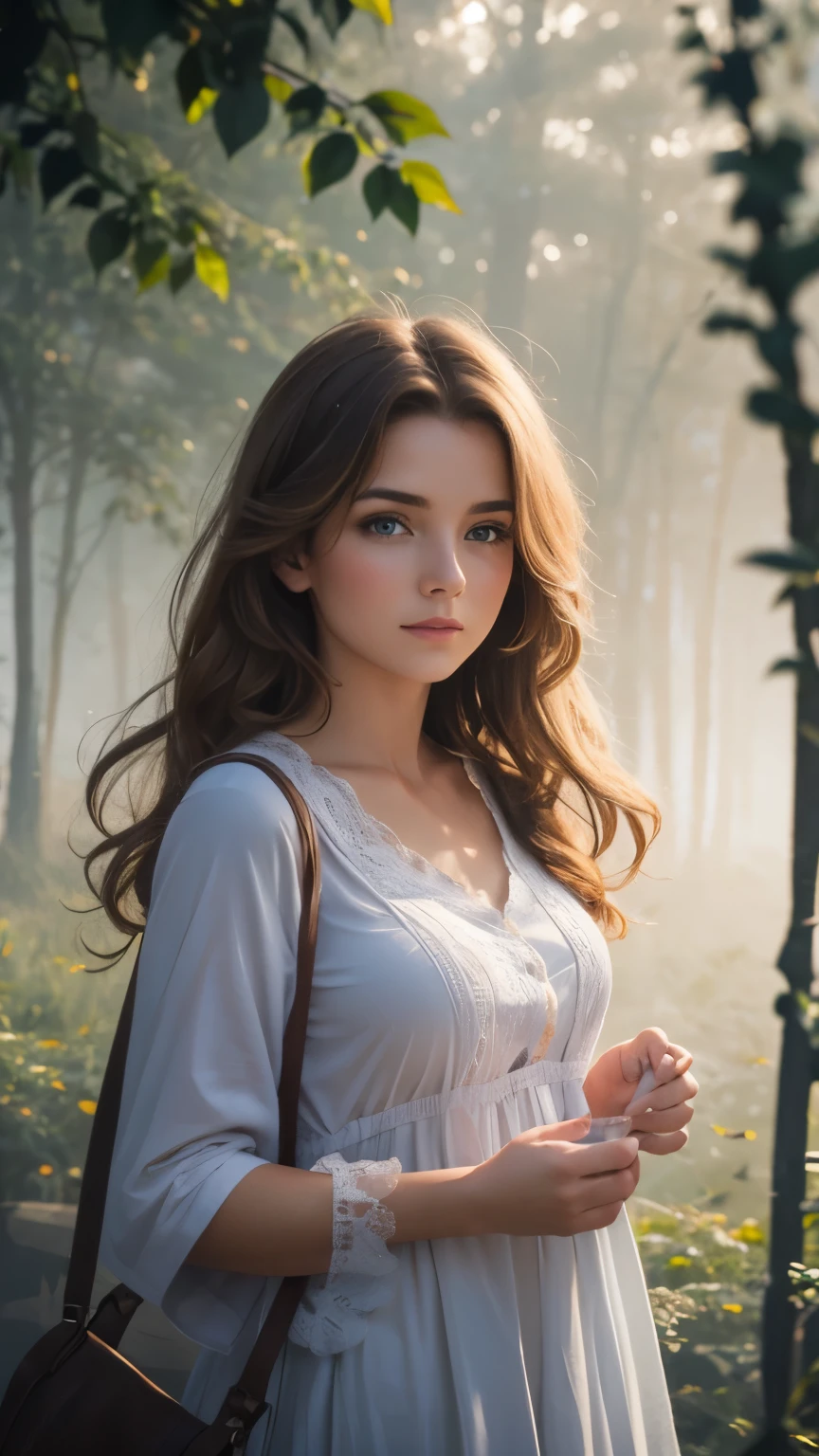 upper body, closer to the camera, pretty face, woman, frezzing place, beata undine. morning mist