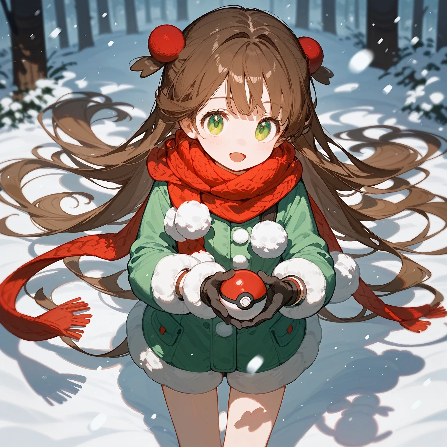 ung girl，Beautiful light and shadow，Brown Extra Long Hair，Green eyes，cute，Pokémon on ball in hand，（（Brown hair）），Open your mouth，cute，snow，scarf，snow地，Gloves，Hand focus，Open your fingers towards the camera