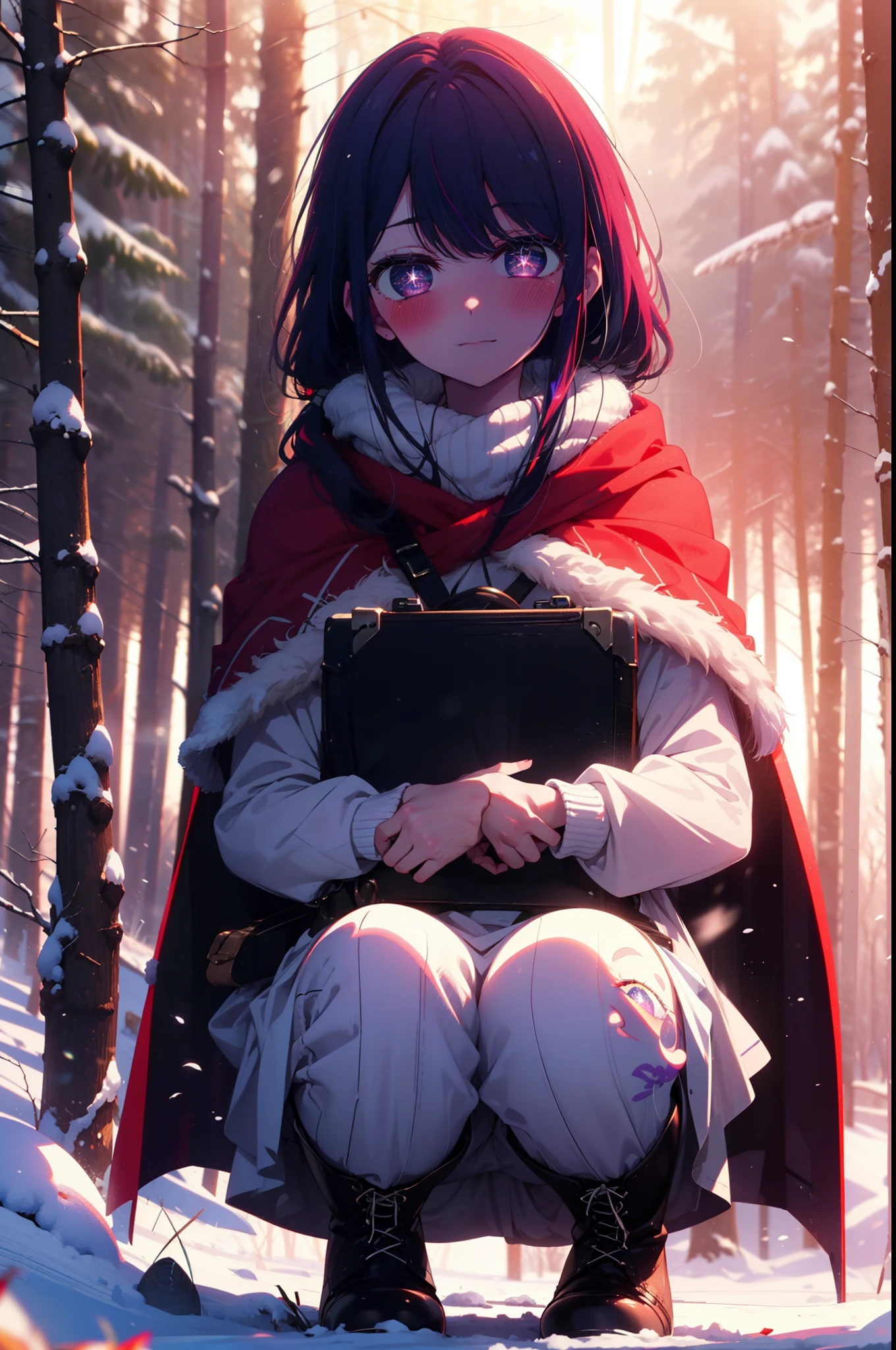 aihoshino, Ai Hoshino, Long Hair, bangs, (Purple eyes:1.1), Purple Hair, (Symbol-shaped pupil:1.5), smile,,smile,blush,white breath,
Open your mouth,snow,Ground bonfire, Outdoor, boots, snowing, From the side, wood, suitcase, Cape, Blurred, , forest, White handbag, nature, Squat, Mouth closed, Cape, winter, Written boundary depth, Black shoes, red Cape break looking at viewer, Upper Body, whole body, break Outdoor, forest, nature, break (masterpiece:1.2), Highest quality, High resolution, unity 8k wallpaper, (shape:0.8), (Beautiful and beautiful eyes:1.6), Highly detailed face, Perfect lighting, Extremely detailed CG, (Perfect hands, Perfect Anatomy),