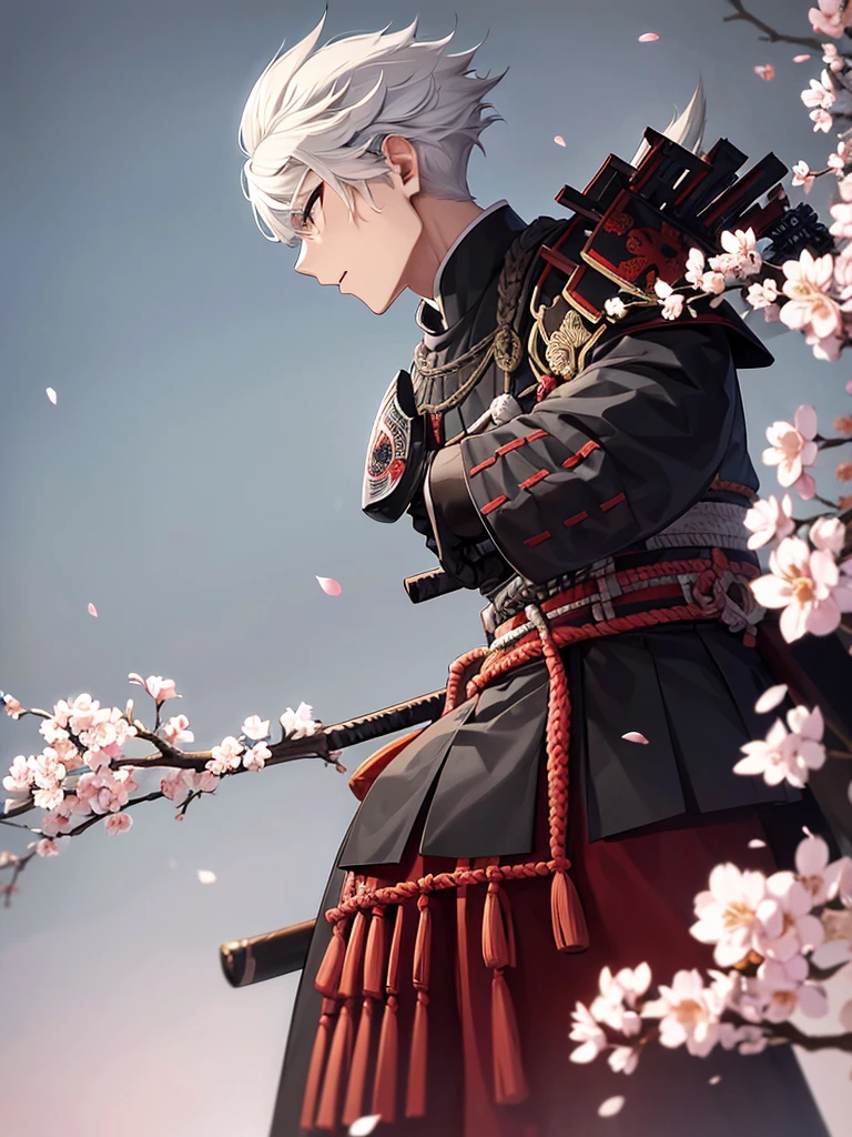 Japanese samurai wear ghost masks,without helmet, urban samurai, epic image, Era,frontal photo,Extremely meticulous,Full armor,frontal photos,relaxing,without helmet,Hair collected,black armor,broken armor,the body is not clean,to bleed,Combat Stance,On the battlefield,standing posture, surrounded cherry trees