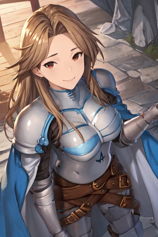 katalina (granblue fantasy), solo, 1girl, armor, gauntlets, belt, breastplate, gloves, shoulder armor, cape, pauldrons, pants, cave, smile, standing, best quality, masterpiece, floor-angle shot