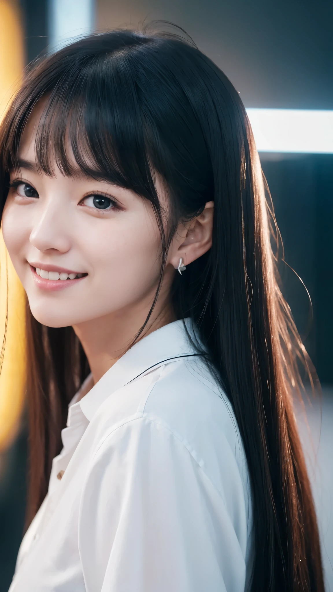 One girl, High resolution, Long Hair, Long Hair, Black Hair, Hair behind ears, smile, Close your mouth, far and near method, Fantastic 8k Octane, Gaze, South Korea