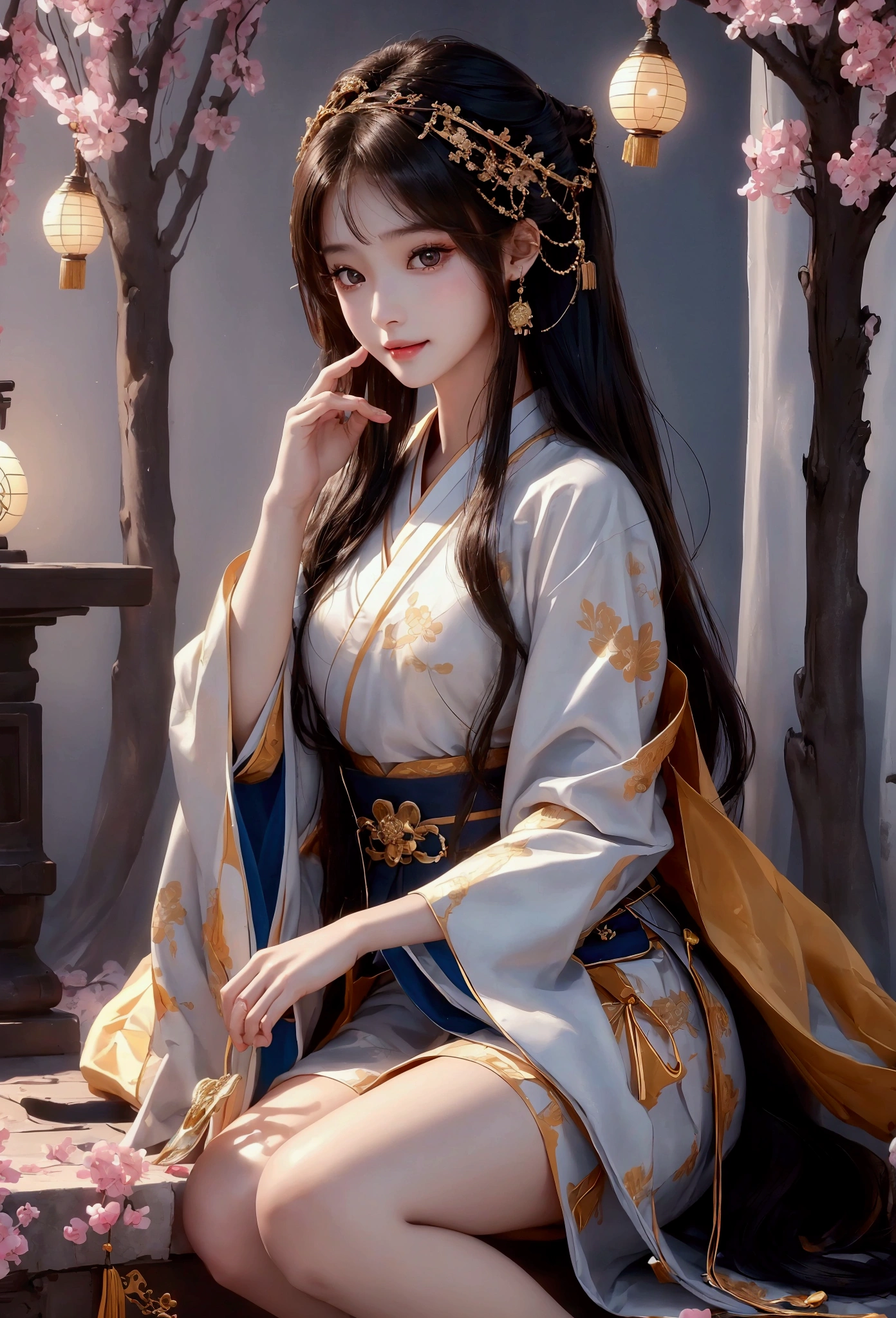Best image quality、8k、masterpiece:1.3))、Realistic high-quality photos、Highest quality、 Beautiful face、Photos of slim models、Beautiful girl model、Young and pretty face、Beautiful model girl、A lovely and delicate face、Black Hair、Beautiful brown eyes、Young Body、Hanfu, (emphasize)、from the front、Camera gaze,、Anatomically correct、胸の谷間をemphasize、whole body、13-year-old female model、smile、Japanese women