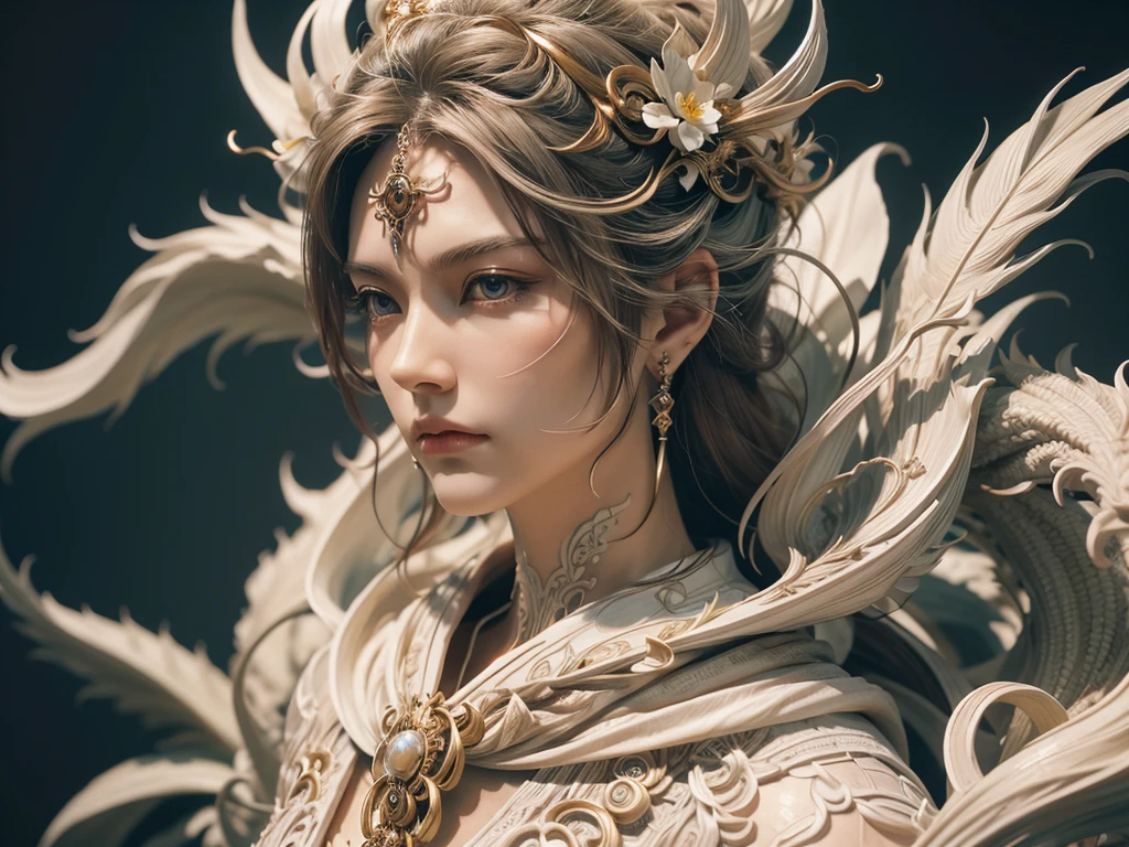 Medusa，best qualtiy，tmasterpiece，Ultra-high resolution，（realisticlying：1.4），absurderes，（Eye focus），（sface focus, Clear facial features），Complex 3d rendering of beautiful and charming biomechanical female porcelain figures，(((Has a porcelain finish)))、simulating、Beautiful natural light、rim-light、1 5 0 mm lens、an aztec warrior、feater、nipple piercing、Aztec tattoo、white flower、Vanilla leaves and stems、Meandering roots、white blossoms、Fine-leaved lace、steampunc、Silver-gold filigree detailing、alexander mcqueen haute couture、Pearl earrings、Art Nouveau embroidery、Hexagonal network cable、Mandelbro fractal、face muscles、cable wires、micro Chip、ellegance、Beautiful natural light, Studio lights, rim-light, The is very detailed, Ultra-realistic realism, Sharp, rendering by octane, HR giger style, Volumetriclighting, 8 k post production, God floating on fire[The discovery of wormholes leads to a new world|The cursed prince must marry the Void]，[sci-fy：fanciful：0.6]cinmatic lighting，detailedbackground，at centre，Michael Bay style，insane detailed，k hd，concept-art，number art，with dynamism，（The most beautiful art in the world：1.2），（V0id3nergy：1.3）