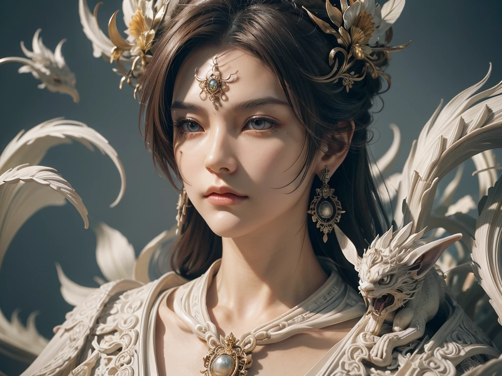 Medusa，best qualtiy，tmasterpiece，Ultra-high resolution，（realisticlying：1.4），absurderes，（Eye focus），（sface focus, Clear facial features），Complex 3d rendering of beautiful and charming biomechanical female porcelain figures，(((Has a porcelain finish)))、simulating、Beautiful natural light、rim-light、1 5 0 mm lens、an aztec warrior、feater、nipple piercing、Aztec tattoo、white flower、Vanilla leaves and stems、Meandering roots、white blossoms、Fine-leaved lace、steampunc、Silver-gold filigree detailing、alexander mcqueen haute couture、Pearl earrings、Art Nouveau embroidery、Hexagonal network cable、Mandelbro fractal、face muscles、cable wires、micro Chip、ellegance、Beautiful natural light, Studio lights, rim-light, The is very detailed, Ultra-realistic realism, Sharp, rendering by octane, HR giger style, Volumetriclighting, 8 k post production, God floating on fire[The discovery of wormholes leads to a new world|The cursed prince must marry the Void]，[sci-fy：fanciful：0.6]cinmatic lighting，detailedbackground，at centre，Michael Bay style，insane detailed，k hd，concept-art，number art，with dynamism，（The most beautiful art in the world：1.2），（V0id3nergy：1.3）