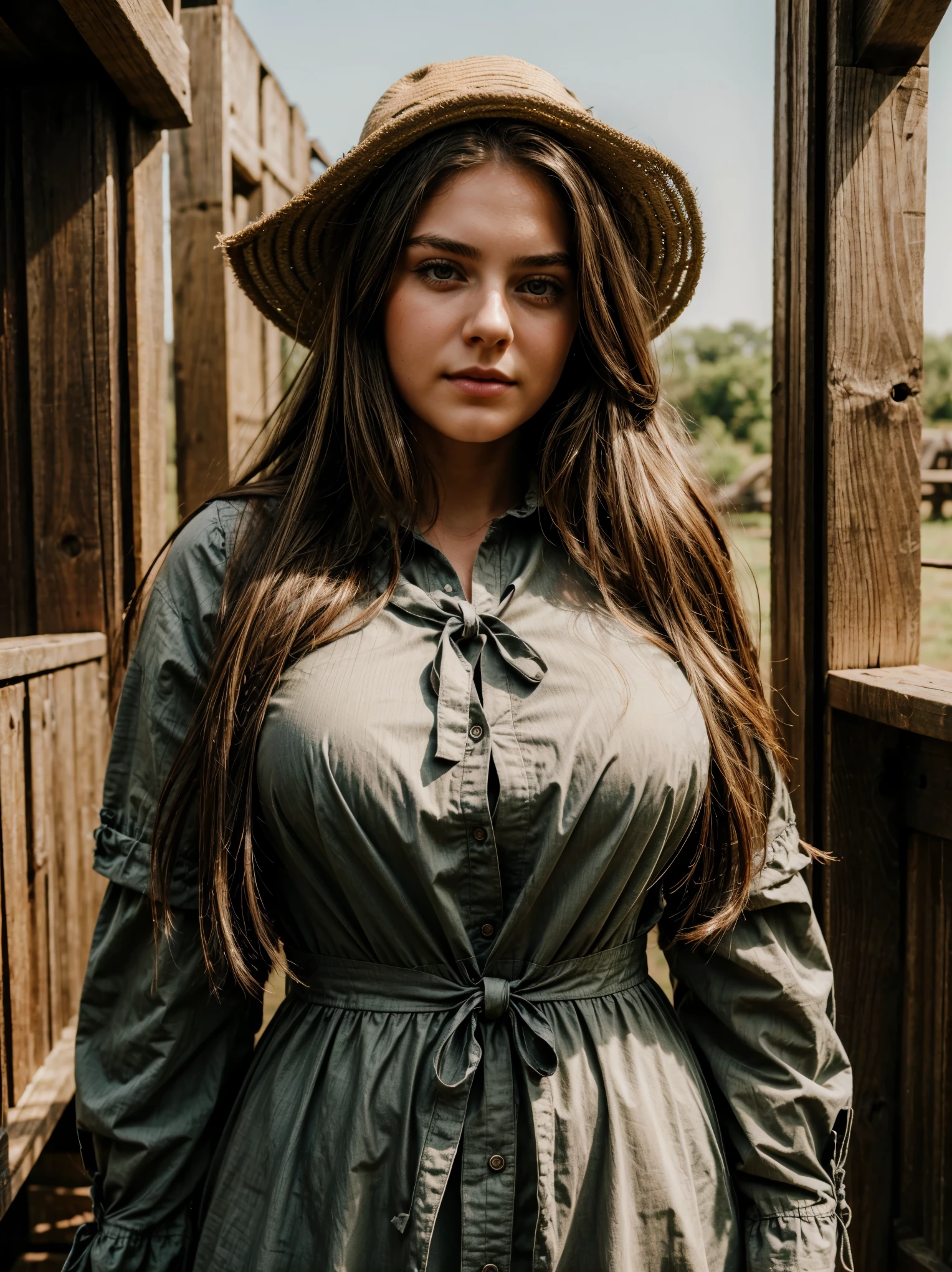 (Name: Emily Alter), tied Long Hair, Farmer Outfit, Pretty, Young, Medieval , detailed face, Perfect Face, Pretty eyes, Sexy, Curvy