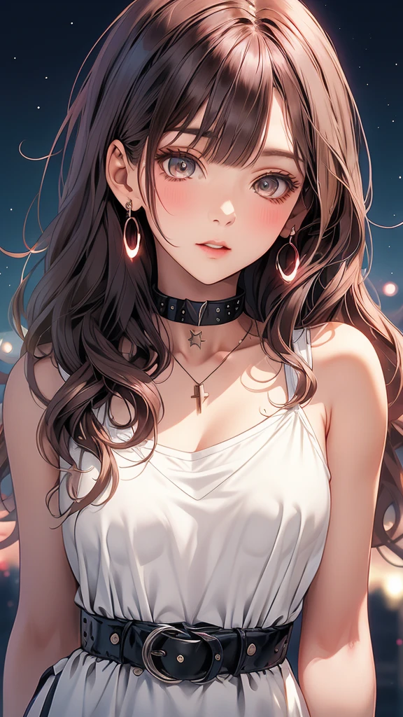 masterpiece, Highest quality, Pixiv, Cool girl, Dark pink brown hair, Curly Hair, Blunt bangs, Straight bangs, Grey Eyes, White skin, Gal,White camisole long dress、 Improve、Close-up of face、Starry sky background