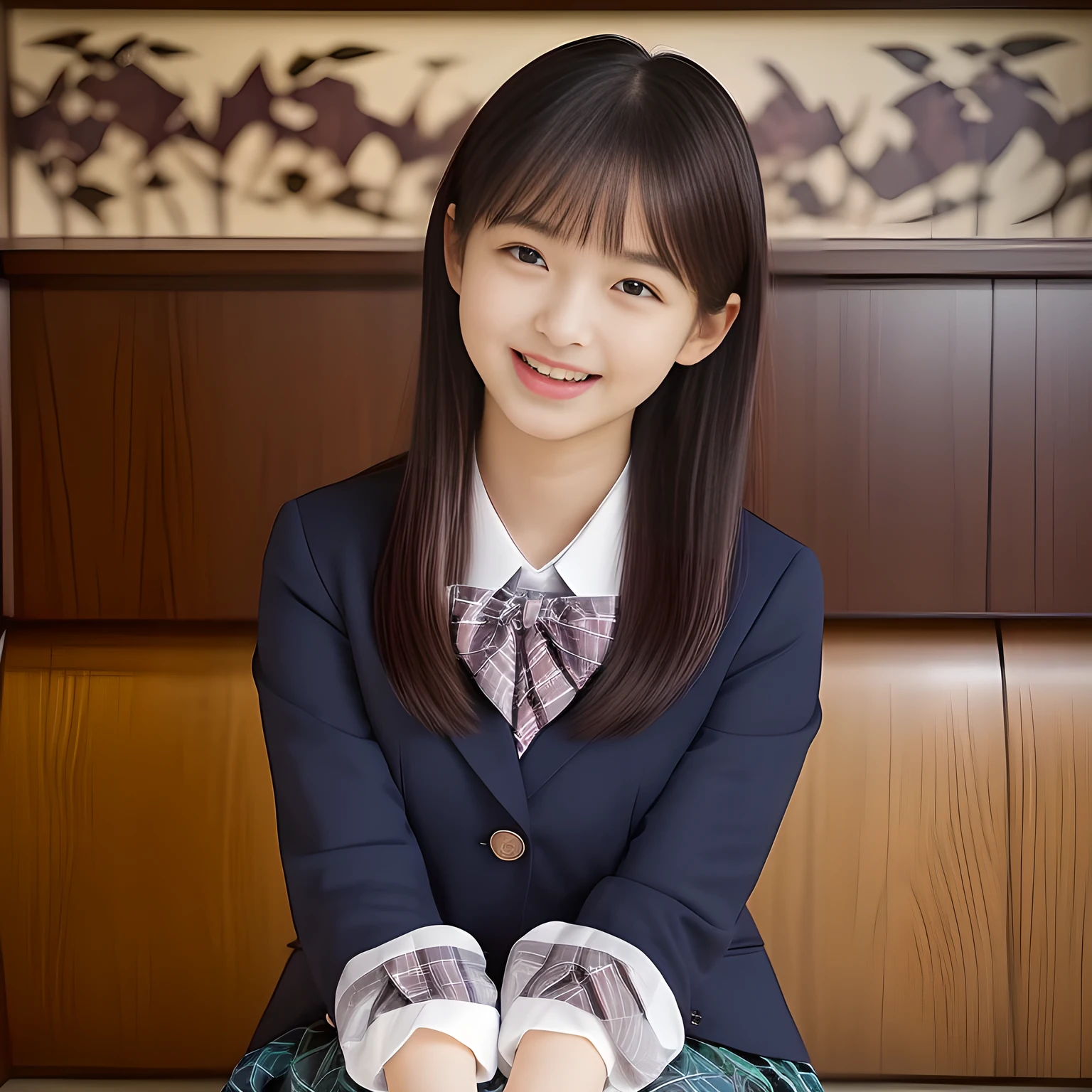 (Highest quality, masterpiece:1.2), Highest quality, High resolution, 1080P, 8k, (Paintings by Vigée Leblanc: 1.5), (A noble, graceful and intelligent 14yo Japanese young long hair magazine fashion model who have a best proportion are seated smiling at me with religious extreme beatitude, expressing her happiness to me with her religious love supreme: 1.5), (background is complete plain pink with many lovely heart marks: 1.6), (double-eyelids, brown wet large eyes with detailed beautifully: 1.4), (long cute eyelashes: 1.4), ((thin droopy eyebrows: 1.4)), (giggling and calling me to invite me to her extreme happiness opening her mouth: 1.6), (showing the tongue: 1.6), (laughing shy cheeks and lips, as if watching a comedy: 1.5), ((Very super long wavy hair is too much beautiful: 1.0)), (Navy gorgeous Japanese school blazer with noble golden emblem: 1.2), (Gorgeous dark blue tartan check blue pattern pleated skirt with beautiful white fat calves and knees: 1.4), (Gorgeous plain red gloss chest ribbon: 1.0), (Well-shaped ample fat breasts), (Tilting her head shyly), (Too beautiful women to stop falling into her, makes me crazy: 1.6), (She is in fact succubi and calling me with strong religious temptation, drops me into craziness: 1.2), showing her palm to invite me