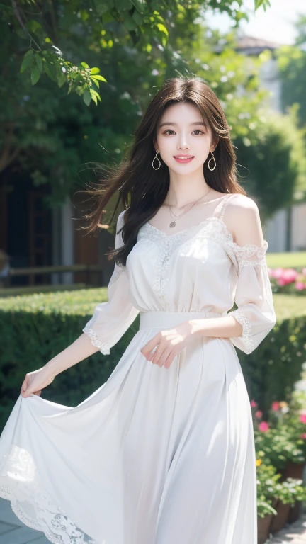 (Highest quality、 8k 、masterpiece、High resolution)、Young lovely woman、Ample breasts、Beautiful clavicle、Slender beauty、(Brown hair medium、My hair is blowing in the wind、Flows backwards)、whole body、 (Beautiful Face,Beautiful Eyes,Beautiful nose,Pretty lips)、(Earrings、silver heart pendant necklace)、(Feminine Style、3/4 Sleeve Lace Blouse、See-through long skirt)、Her mouth opens slightly and a smile appears.、Dynamic pose、Outdoor、(garden、Colorful flowers)、looking at the camera、Professional Lighting、Professional photographer、