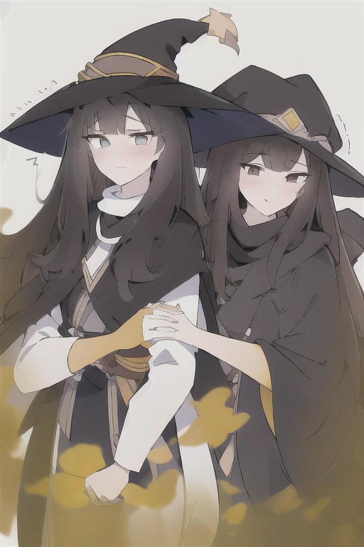 2 girls,Long hair, Black Hair, (white shirt1.3), (Short sleeve 1.5),(Press on the opponent1.5),Face the other person,Profile,shy,The second girl has brown hair,Wizard Hat,Black robe,yellow farting