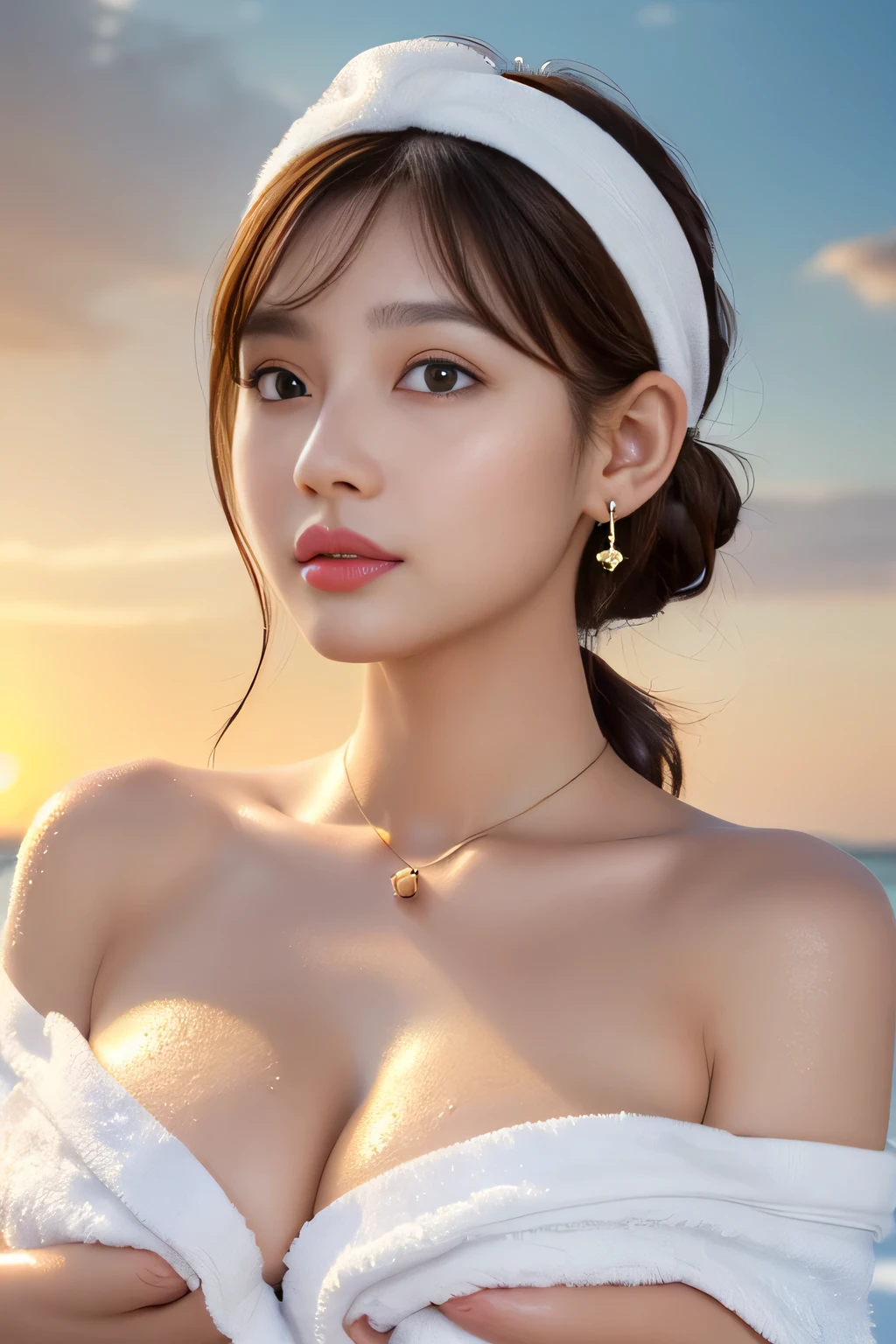 masterpiece, (photoGenuineistic: 1.4), Highest quality, Beautiful lighting, Single women, alone, jewelry, Earrings, (black eye、Big eyes:1.2), (Brown Hair、short hair、ponytail、Wavy Hair:1.2), Outdoor, Big Breasts, Scapula, Glowing Lips,smile、sunset,Genuine, bangs, (Golden ratio face、plump lower lip、Pink Lips:1.2)、Fine grain、Detailed nose、Fine ears、Detailed wet glossy lips、cloud, Color Stone Necklace, (Big Breasts:1.8),(CG Unity 8k high resolution wallpaper), Complex, Attention to detail, Sharp focus, dramatic, beautiful girl, (White towel hairband:1.4)