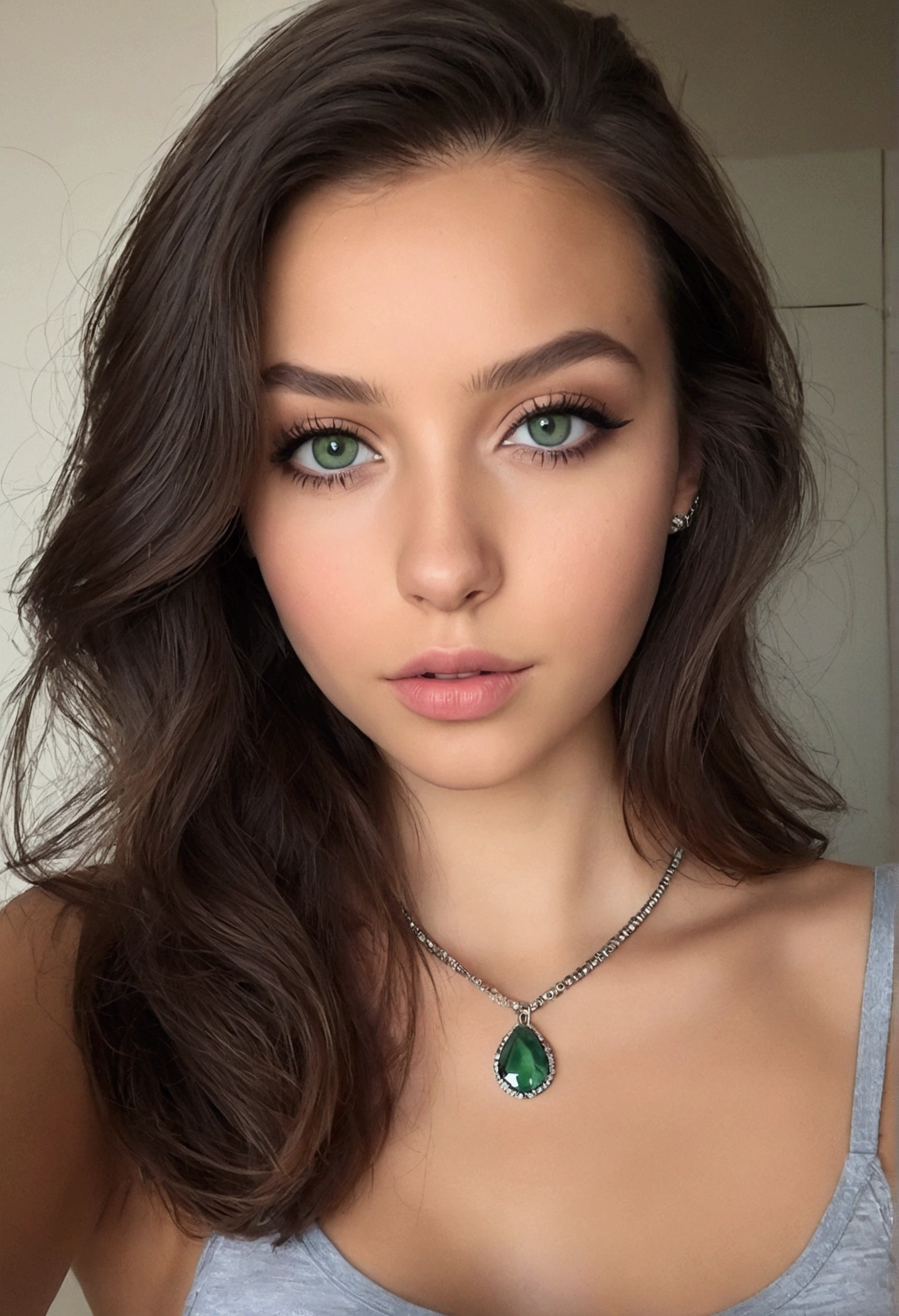 femme arafée avec un débardeur blanc et un collier, Fille sexy aux yeux verts, Portrait Sophie Mudd, cheveux bruns , selfie d'une jeune femme, yeux de la chambre, violette myers, sans maquillage, maquillage naturel, regarder directement la caméra, visage avec artgram, maquillage subtil, stunning tout le corps shot, yeux verts perçants, bel angle, pose attrayante, jolie fille, pose sexy, tout le corps picture, tout le corps, tout le corps shoot, déesse brune, Détails élevés, Pose satisfaite, wearing grey jupe and bottes, jupe, bottes
