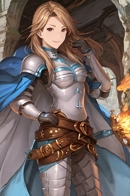 katalina (granblue fantasy), solo, 1girl, armor, gauntlets, belt, breastplate, gloves, shoulder armor, cape, pauldrons, pants, cave, smile, standing, best quality, masterpiece, 