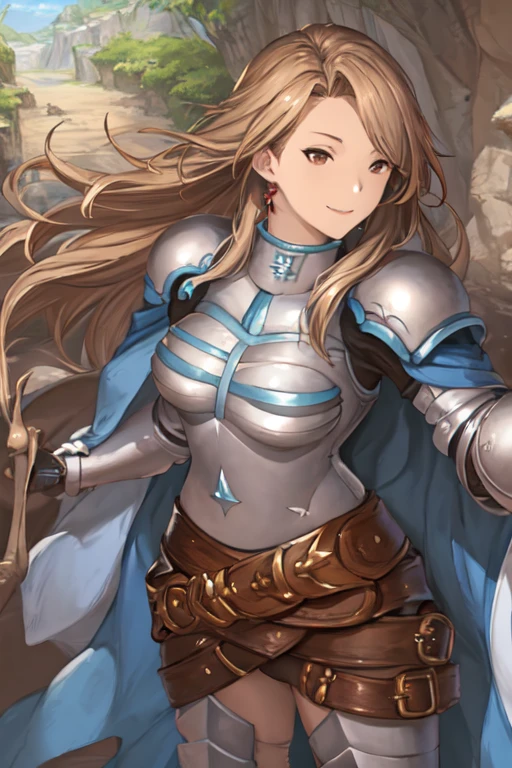 katalina (granblue fantasy), solo, 1girl, armor, gauntlets, belt, breastplate, gloves, shoulder armor, cape, pauldrons, pants, cave, smile, standing, best quality, masterpiece, 