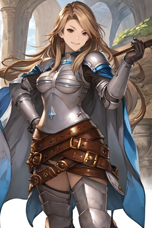 katalina (granblue fantasy), solo, 1girl, armor, gauntlets, belt, breastplate, gloves, shoulder armor, cape, pauldrons, pants, cave, smile, standing, best quality, masterpiece, 