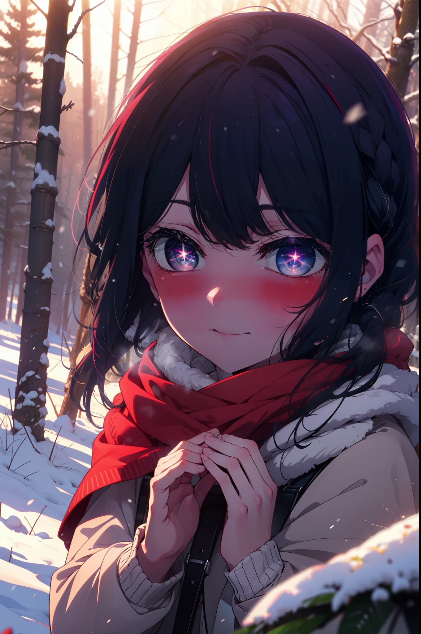 aihoshino, Ai Hoshino, Long Hair, bangs, (Purple eyes:1.1), Purple Hair, (Symbol-shaped pupil:1.5), smile,,smile,blush,white breath,
Open your mouth,snow,Ground bonfire, Outdoor, boots, snowing, From the side, wood, suitcase, Cape, Blurred, , forest, White handbag, nature, Squat, Mouth closed, Cape, winter, Written boundary depth, Black shoes, red Cape break looking at viewer, Upper Body, whole body, break Outdoor, forest, nature, break (masterpiece:1.2), Highest quality, High resolution, unity 8k wallpaper, (shape:0.8), (Beautiful and beautiful eyes:1.6), Highly detailed face, Perfect lighting, Extremely detailed CG, (Perfect hands, Perfect Anatomy),