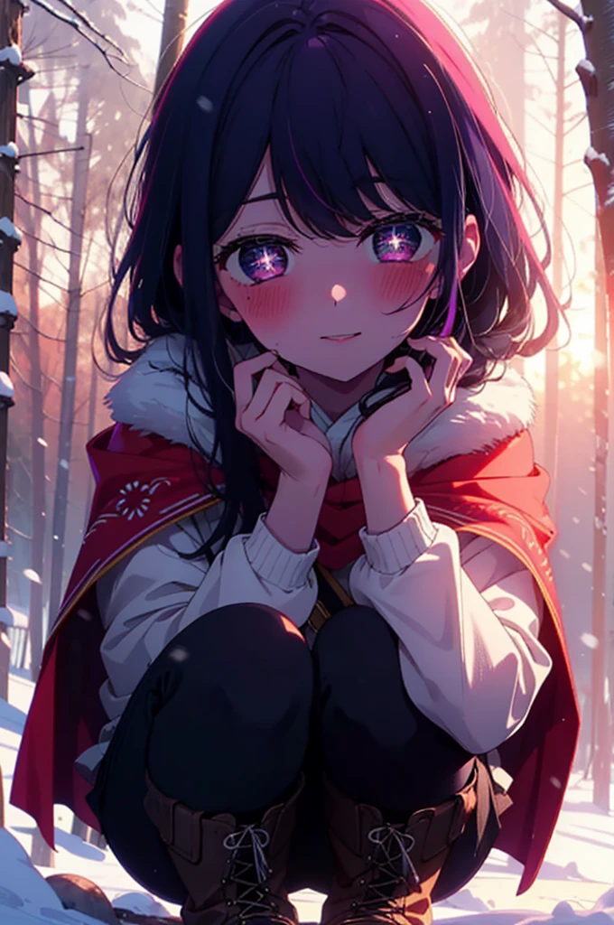 aihoshino, Ai Hoshino, Long Hair, bangs, (Purple eyes:1.1), Purple Hair, (Symbol-shaped pupil:1.5), smile,,smile,blush,white breath,
Open your mouth,snow,Ground bonfire, Outdoor, boots, snowing, From the side, wood, suitcase, Cape, Blurred, , forest, White handbag, nature,  Squat, Mouth closed, Cape, winter, Written boundary depth, Black shoes, red Cape break looking at viewer, Upper Body, whole body, break Outdoor, forest, nature, break (masterpiece:1.2), Highest quality, High resolution, unity 8k wallpaper, (shape:0.8), (Beautiful and beautiful eyes:1.6), Highly detailed face, Perfect lighting, Extremely detailed CG, (Perfect hands, Perfect Anatomy),