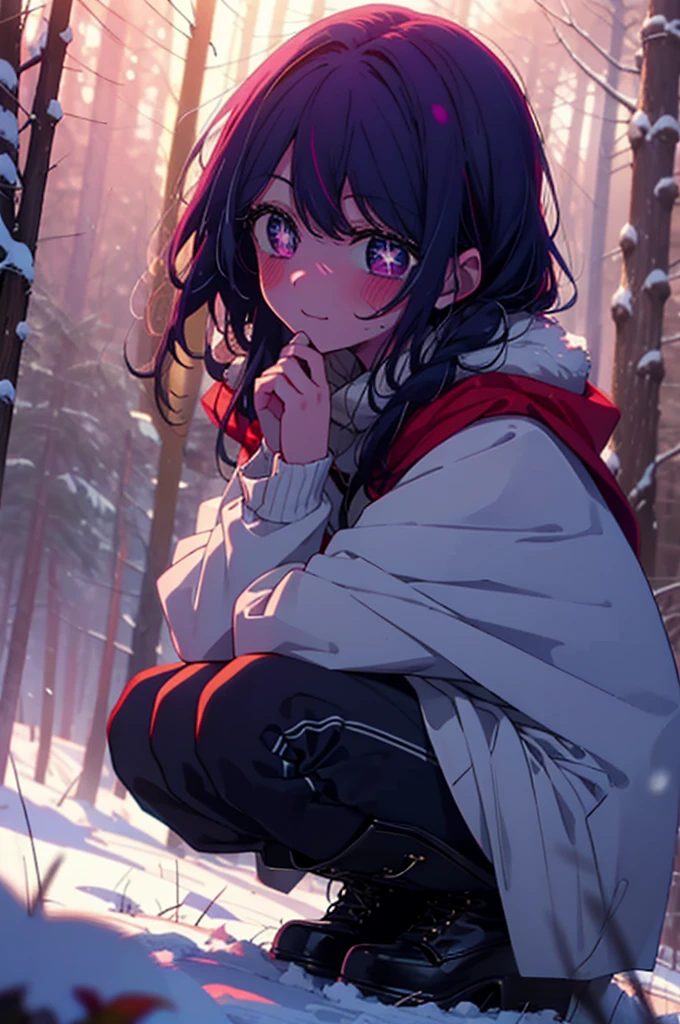 aihoshino, Ai Hoshino, Long Hair, bangs, (Purple eyes:1.1), Purple Hair, (Symbol-shaped pupil:1.5), smile,,smile,blush,white breath,
Open your mouth,snow,Ground bonfire, Outdoor, boots, snowing, From the side, wood, suitcase, Cape, Blurred, , forest, White handbag, nature, Squat, Mouth closed, Cape, winter, Written boundary depth, Black shoes, red Cape break looking at viewer, Upper Body, whole body, break Outdoor, forest, nature, break (masterpiece:1.2), Highest quality, High resolution, unity 8k wallpaper, (shape:0.8), (Beautiful and beautiful eyes:1.6), Highly detailed face, Perfect lighting, Extremely detailed CG, (Perfect hands, Perfect Anatomy),