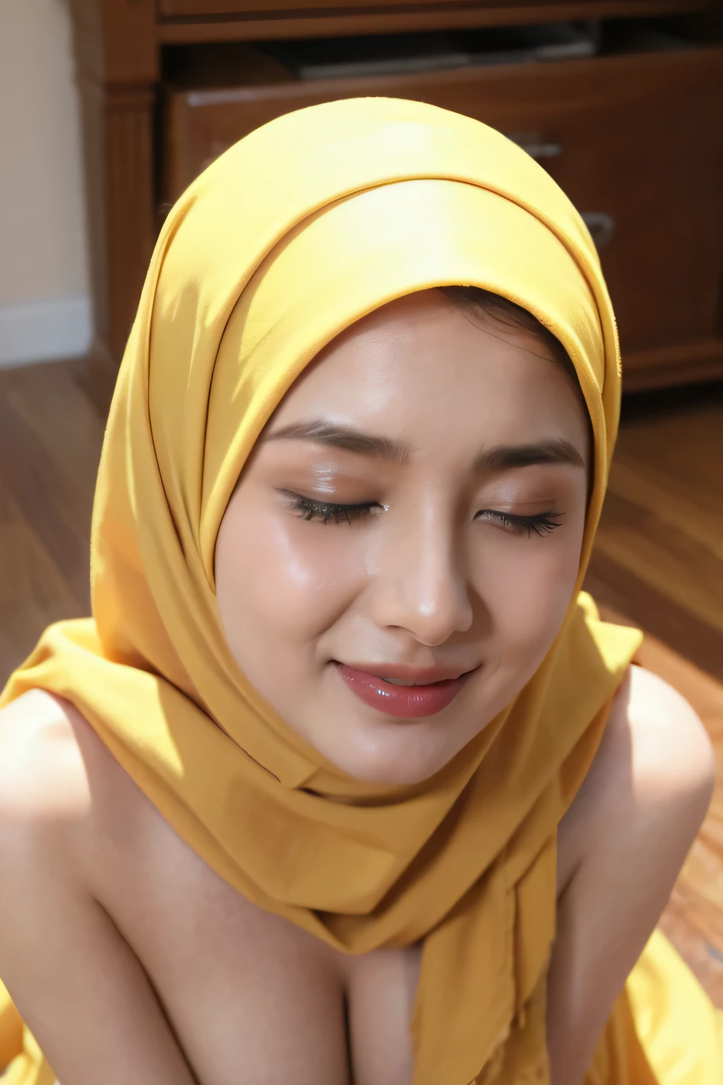 Beautiful hijabi girl doing sex with her husband, yellow hijab, fully naked , closed eyes