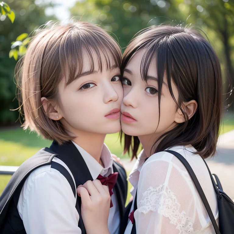 (picture)(8k、RAW Photos、Highest quality、masterpiece:1.2)、(Realistic、Photorealistic:1.4)、Hyperrealism、(masterpiece)、(High resolution)、(Ultra-detailed)、(Best Shadow)、Realistic Shadows、超High resolution、(Detailed face:1.4)、Perfect Skin、Realistic skin texture、Detailed skin texture、Depth of written boundary、Natural blurred、Lens flare、(Soft Saturation:1.3)、Professional portrait photography、holding hands and kissing at school、(uniform:1.4)、Laughter、Two cute junior high school students、(Pink Bob Cut)、Long black hair、hug、Beautiful Eyes、Staring and kissing, (kiss:1.5)