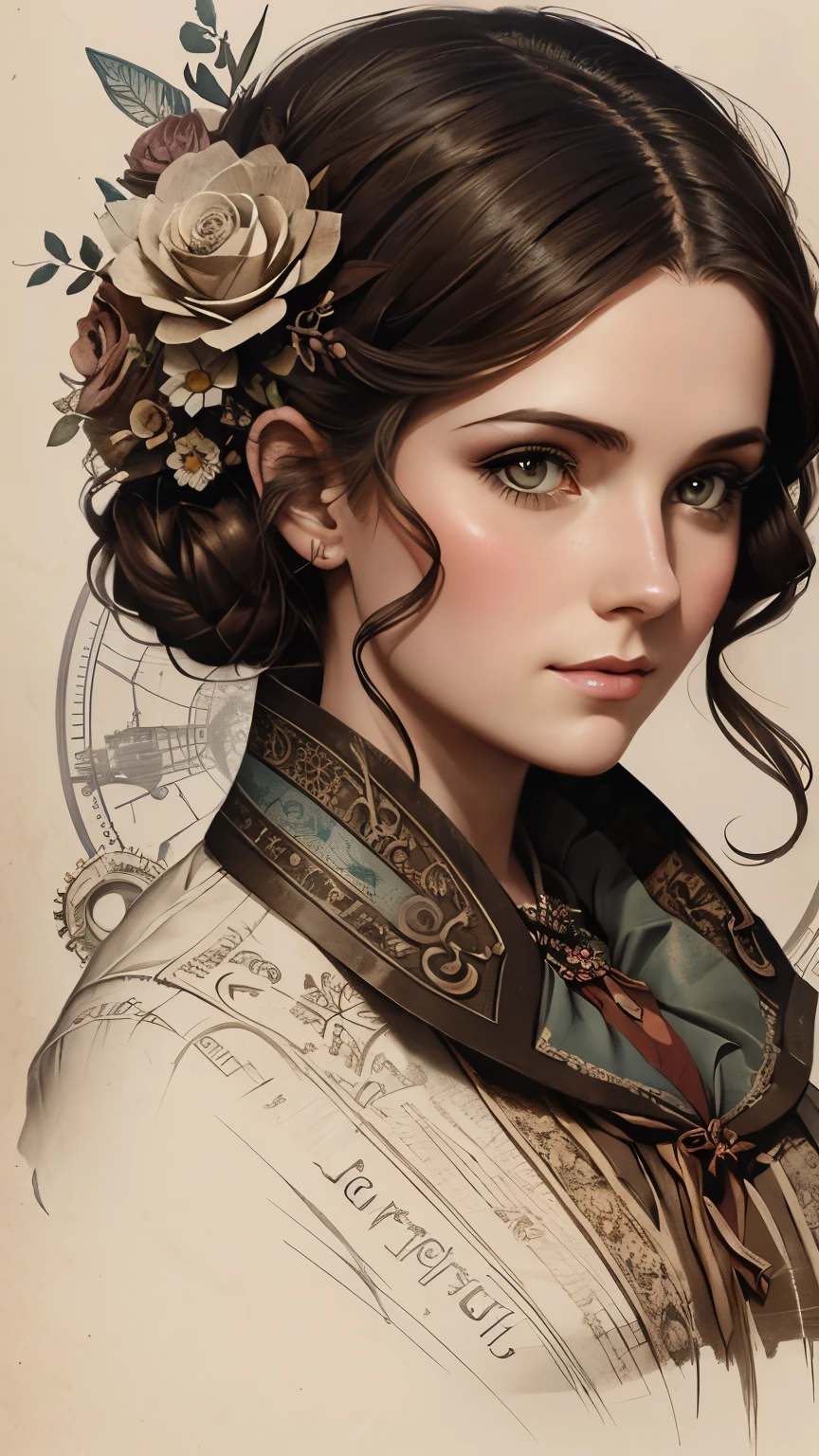 Charlie Bowater realistic Lithography sketch portrait of a woman, flowers, [gears], pipes, dieselpunk, multi-colored ribbons, old paper texture, highly detailed, beata undine