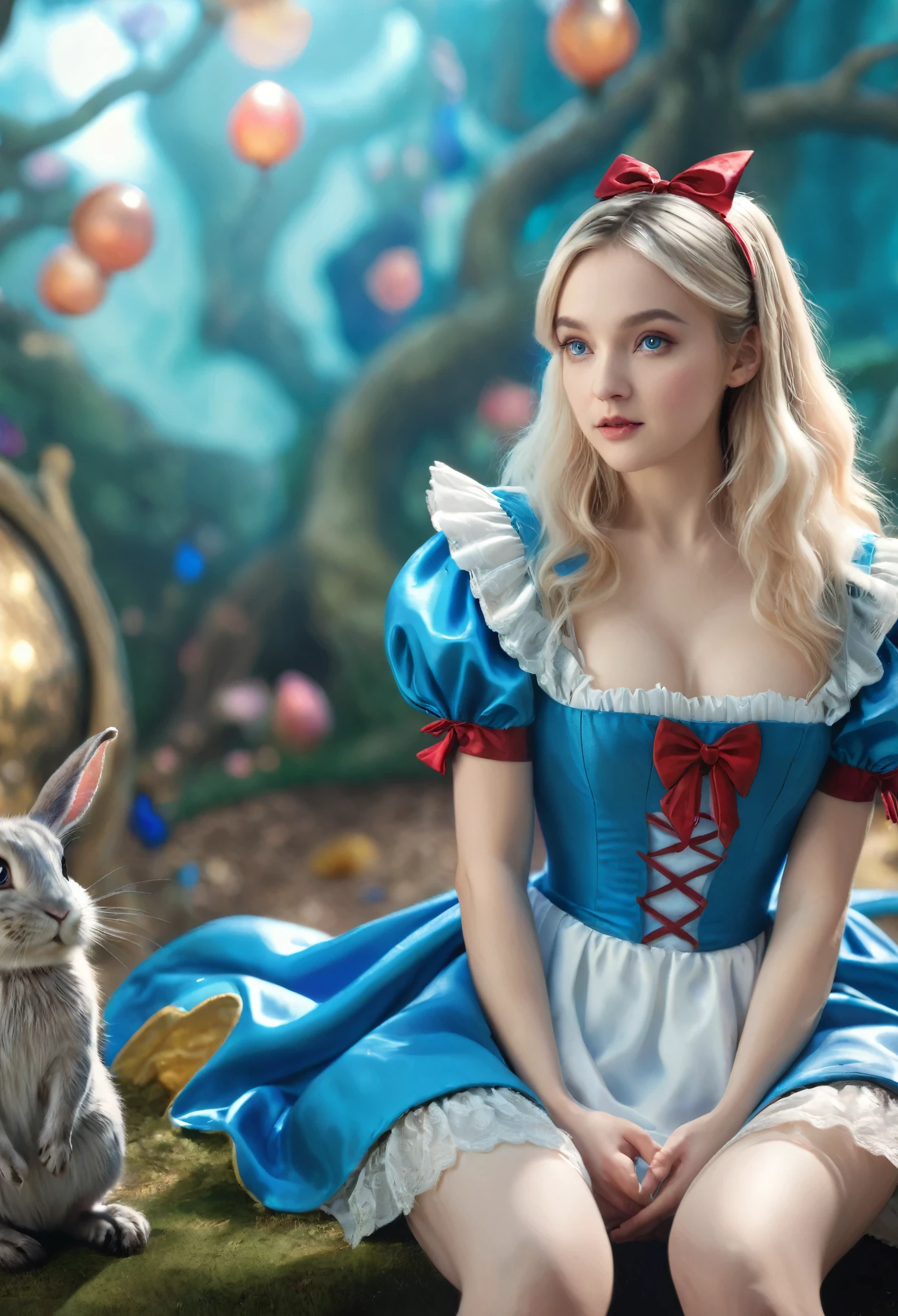 Alice in Wonderland as an adult, (high quality, 4K, 8k, High resolution, masterpiece:1.2), Very detailed, (Realistic, photoRealistic, photo-Realistic:1.37), High resolution, 超High resolution, ((Full body wide shot)), Dynamic sexual poses to seduce men, Eyes that seduce men, Studio Lighting, Ultra-fine painting, Waist Sharp Focus, Physically Based Rendering, Very detailed説明, Professional, Vibrant colors, Bokeh, Fantasy, Vibrant colors, Dreamy atmosphere, Magic, Whimsical, Surreal, pastel colour, Fascinating lighting,realism, Browsing Caution