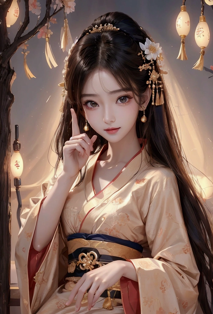 Best image quality、8k、masterpiece:1.3))、Realistic high-quality photos、Highest quality、 Beautiful face、Photos of slim models、Beautiful girl model、Young and pretty face、Beautiful model girl、A lovely and delicate face、Black Hair、Beautiful brown eyes、Young Body、Hanfu, (emphasize)、from the front、Camera gaze,、Anatomically correct、胸の谷間をemphasize、whole body、13-year-old female model、smile、Japanese women、Correct finger、Correct finger
